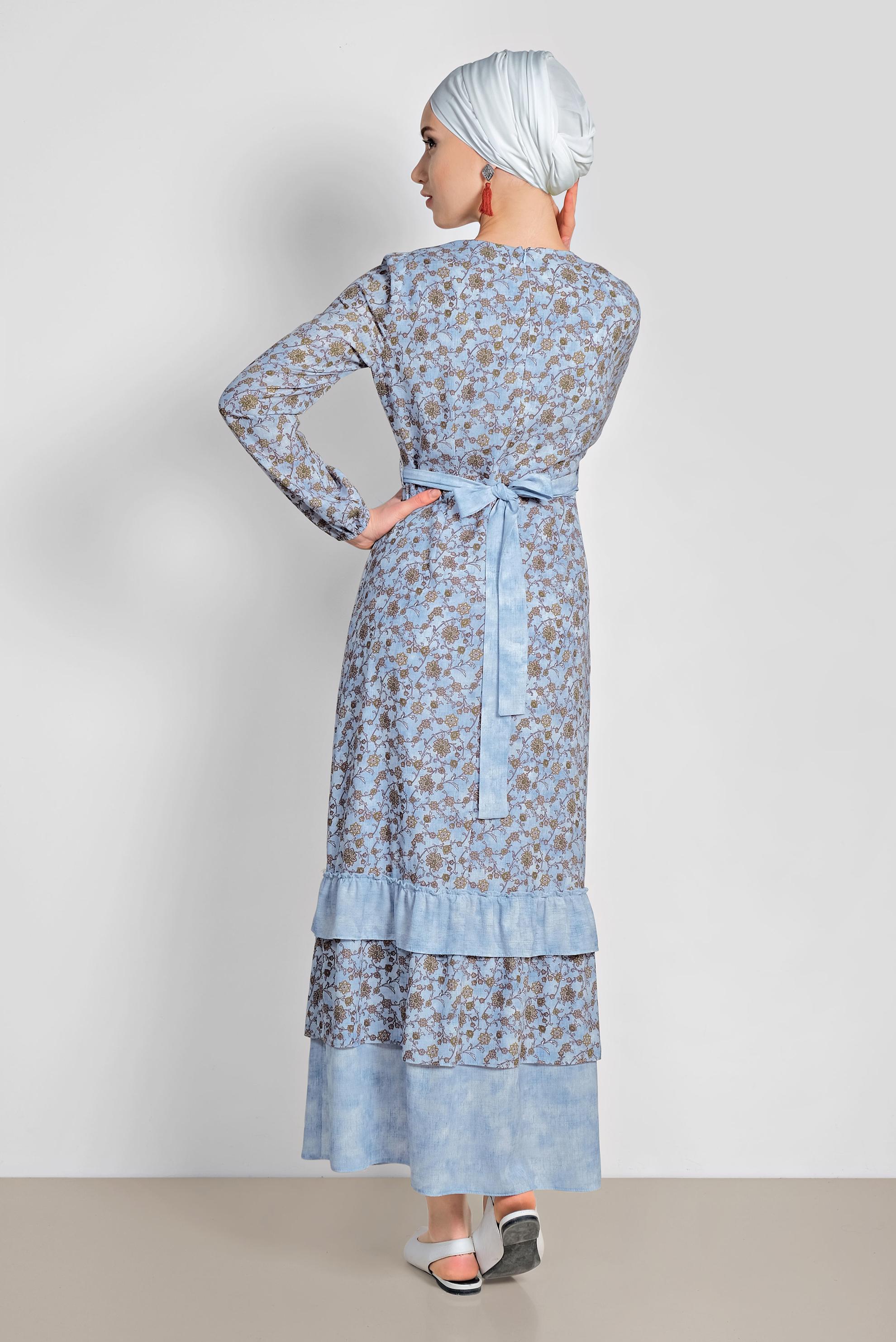 Tesettür giyim MAVİ FLORAL DESENLİ BELİ KUŞAKLI ELBİSE 4050