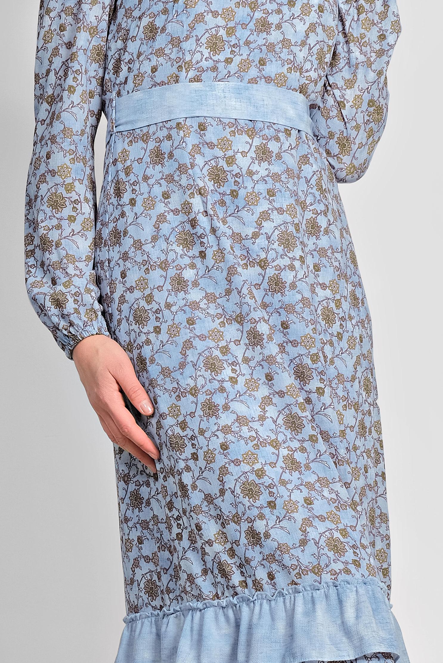 Tesettür giyim MAVİ FLORAL DESENLİ BELİ KUŞAKLI ELBİSE 4050