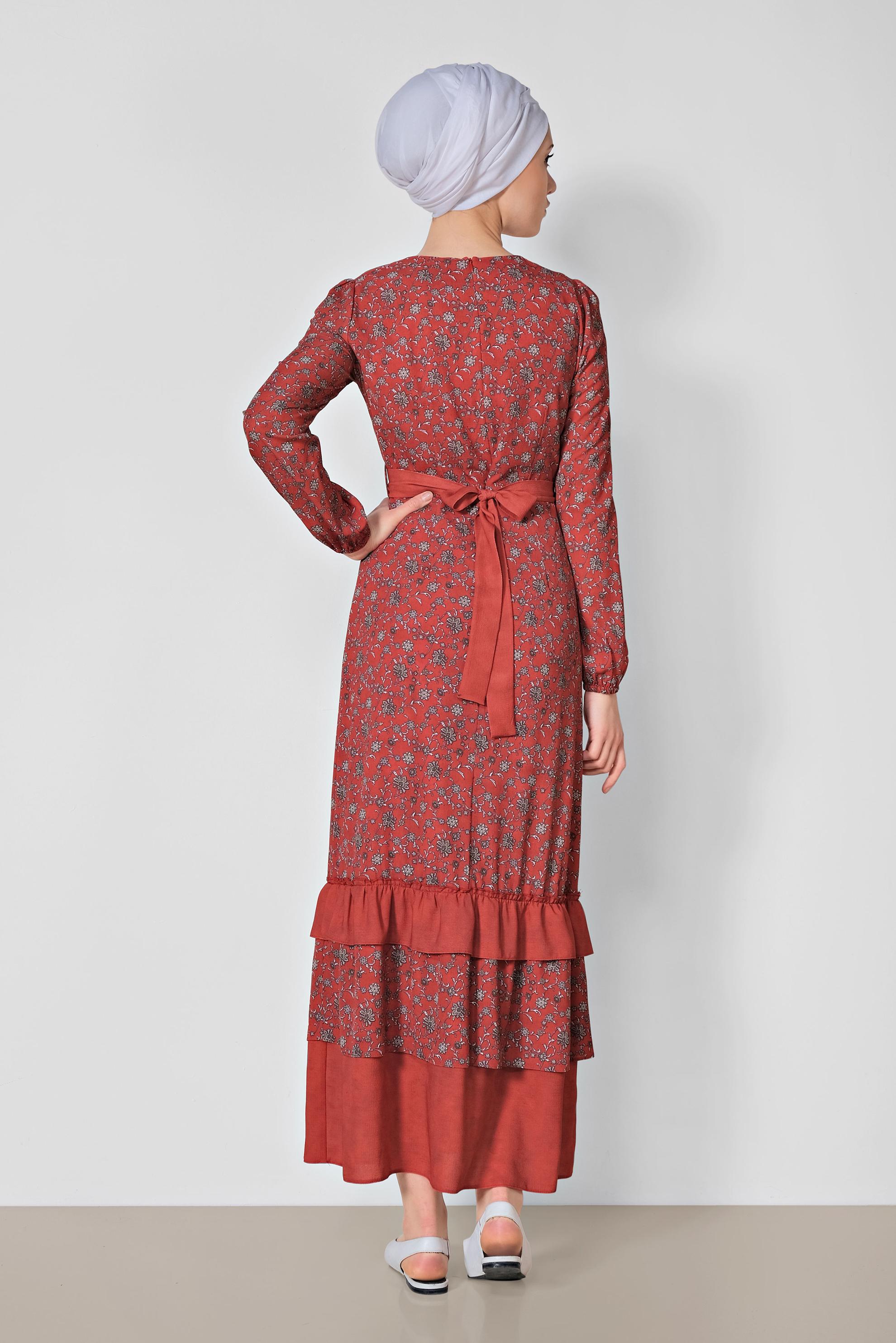 Tesettür giyim KIRMIZI FLORAL DESENLİ BELİ KUŞAKLI ELBİSE 4050