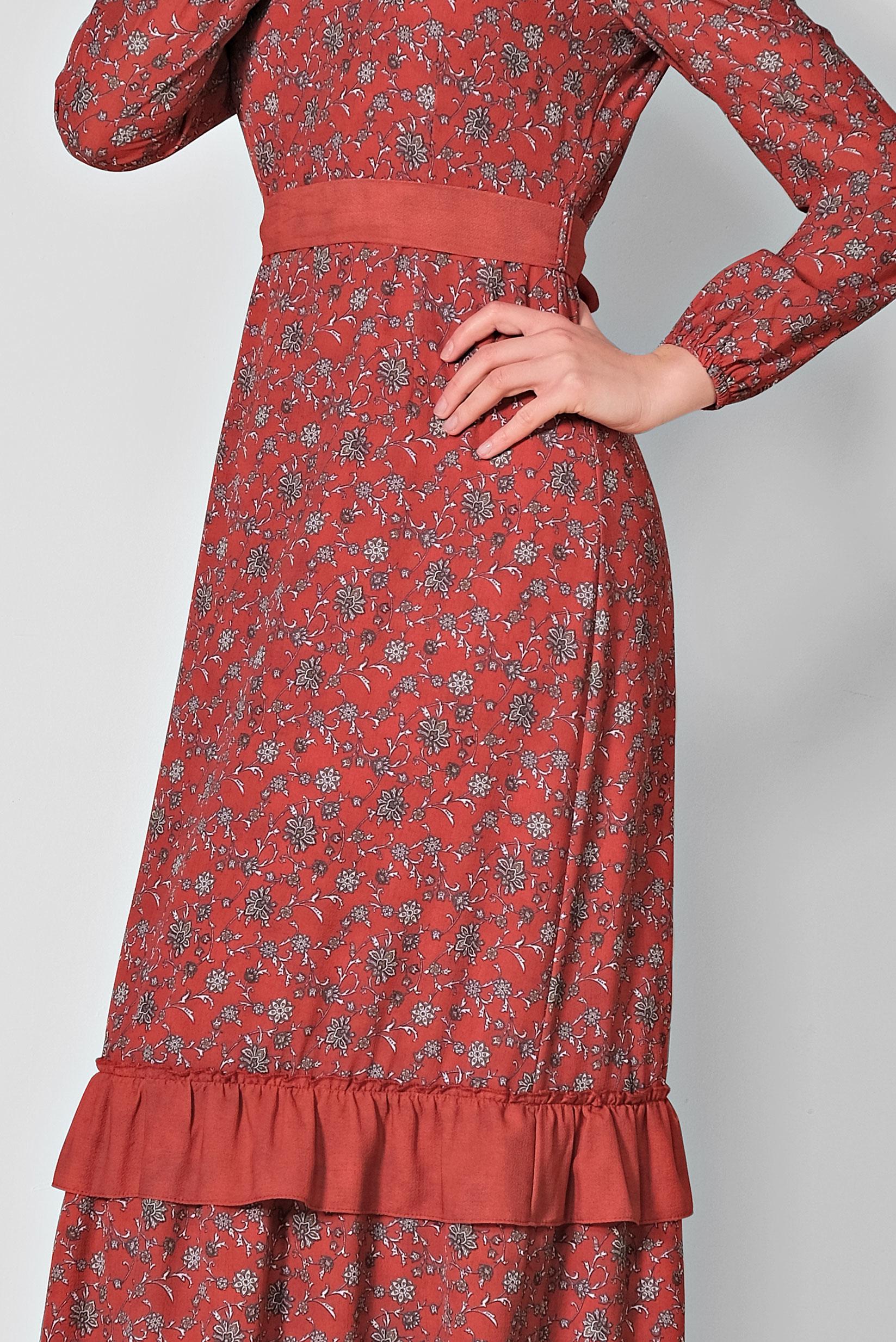 Tesettür giyim KIRMIZI FLORAL DESENLİ BELİ KUŞAKLI ELBİSE 4050