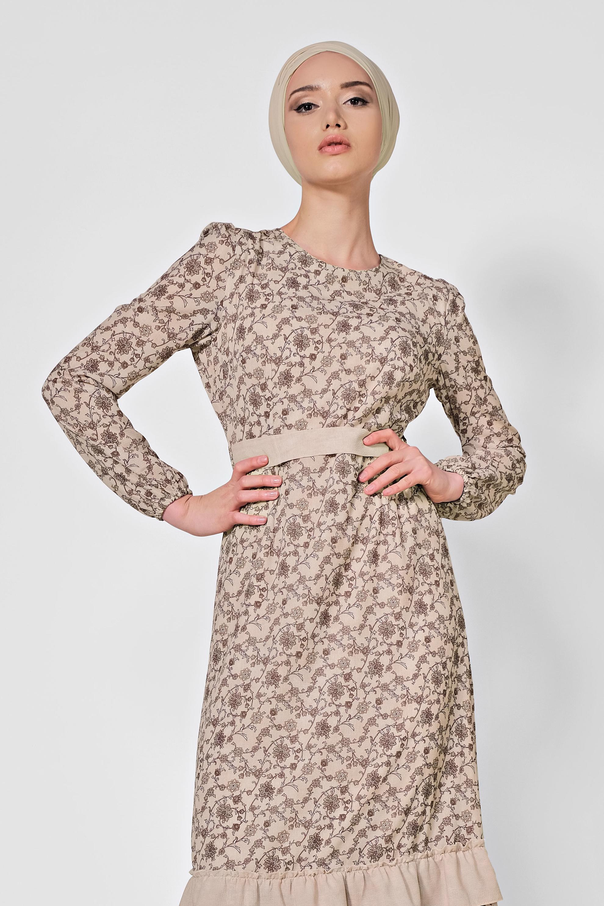 Tesettür giyim PUDRA FLORAL DESENLİ BELİ KUŞAKLI ELBİSE 4050