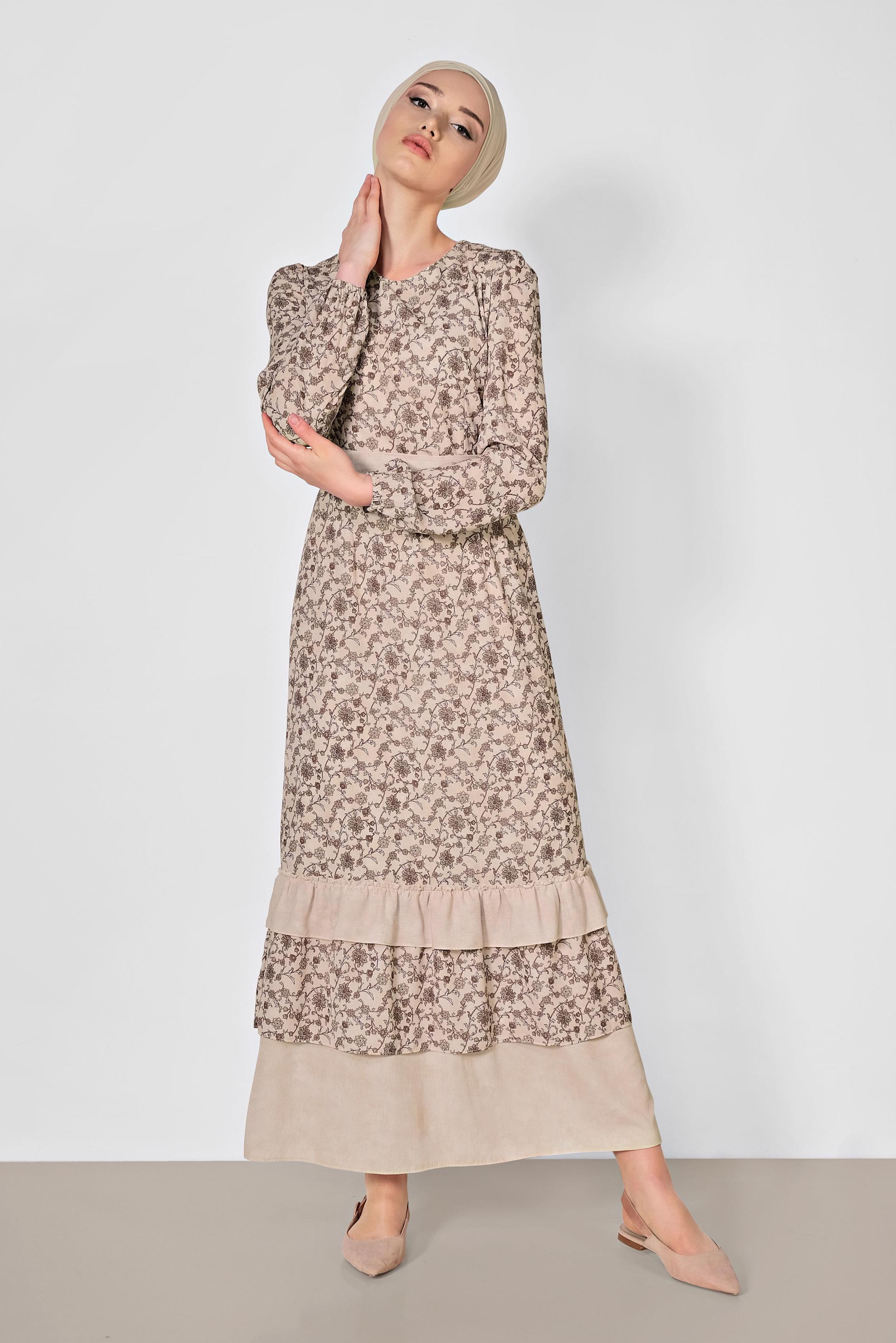 Tesettür giyim PUDRA FLORAL DESENLİ BELİ KUŞAKLI ELBİSE 4050