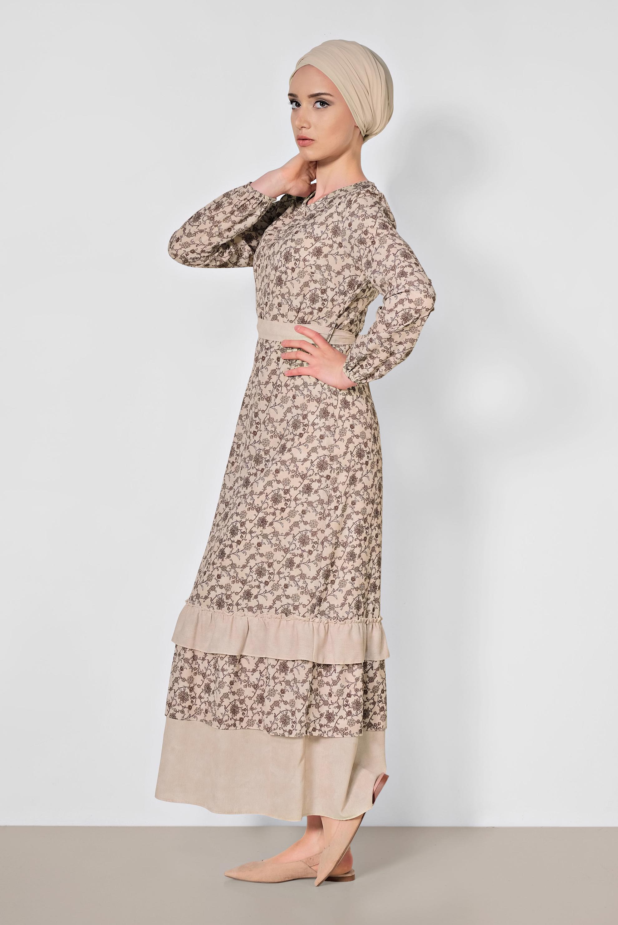 Tesettür giyim PUDRA FLORAL DESENLİ BELİ KUŞAKLI ELBİSE 4050