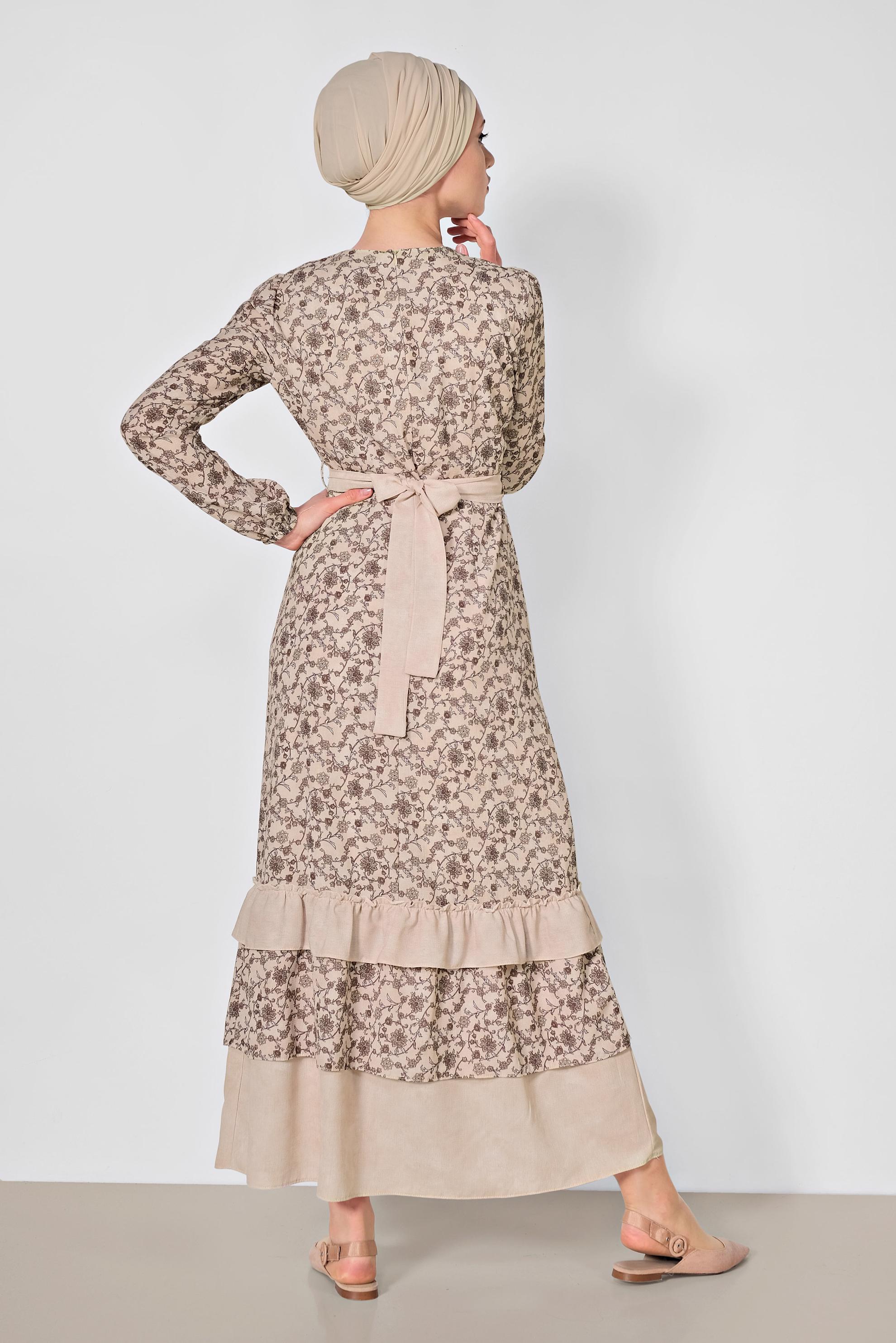 Tesettür giyim PUDRA FLORAL DESENLİ BELİ KUŞAKLI ELBİSE 4050