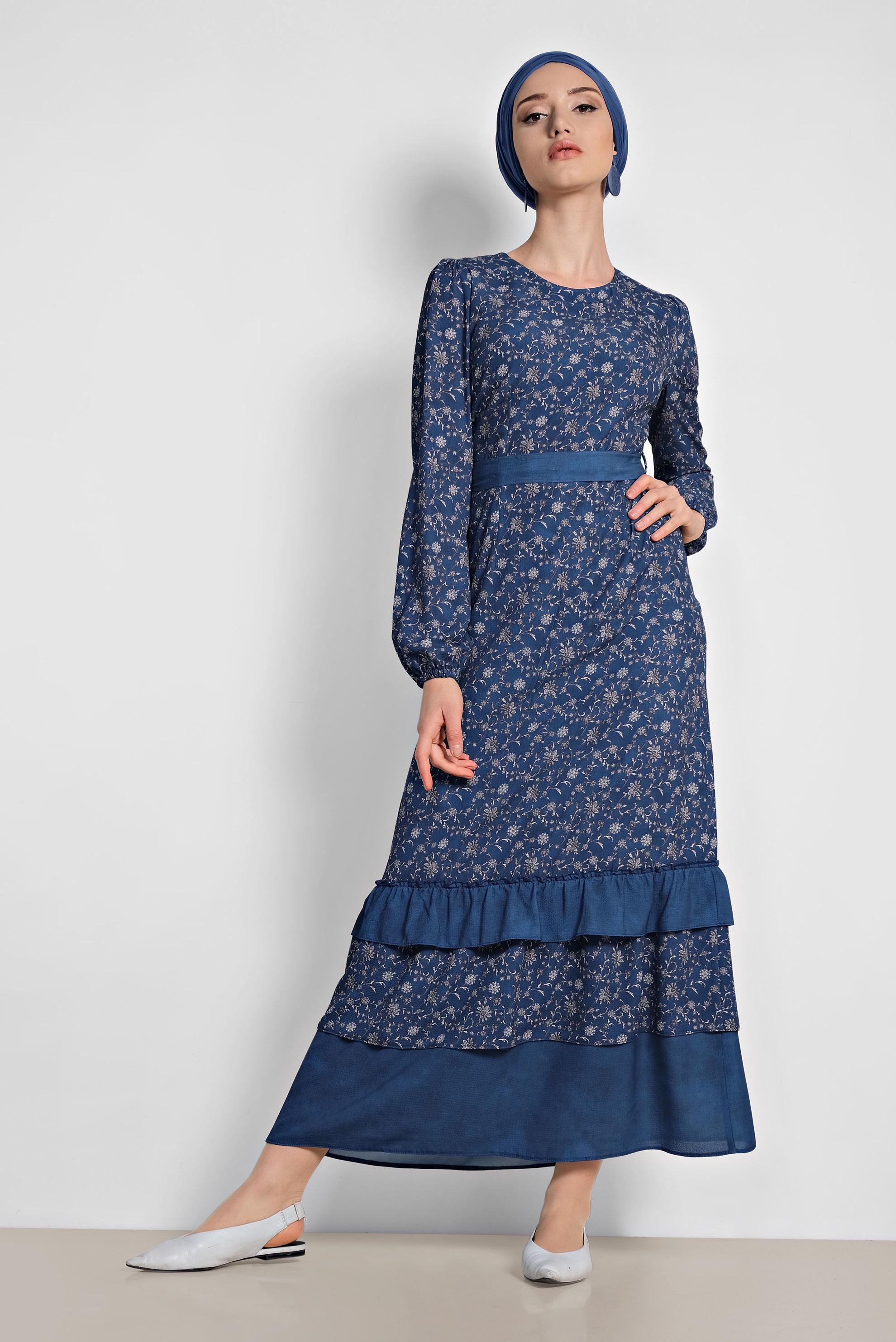 Tesettür giyim LACİVERT FLORAL DESENLİ BELİ KUŞAKLI ELBİSE 4050
