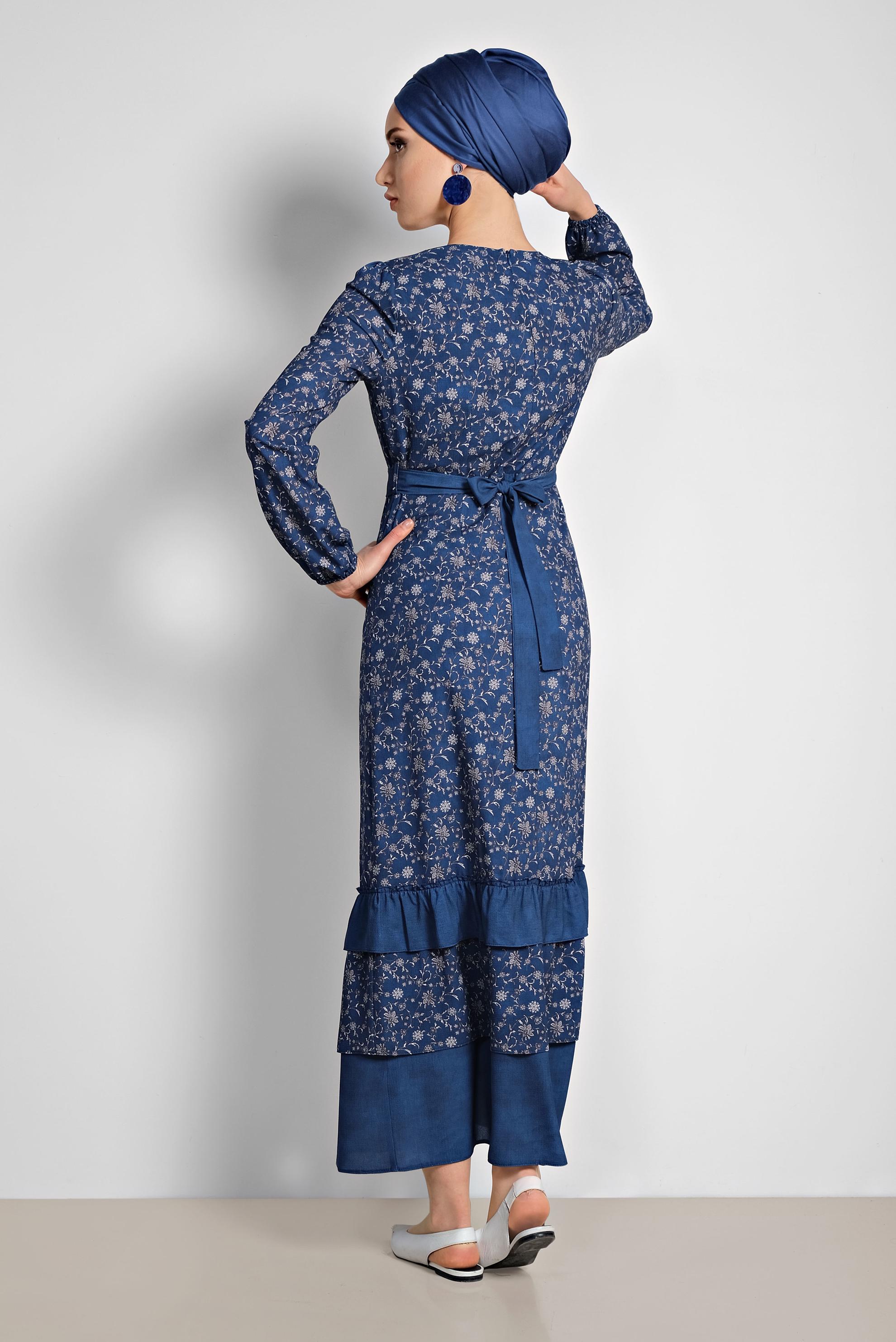 Tesettür giyim LACİVERT FLORAL DESENLİ BELİ KUŞAKLI ELBİSE 4050