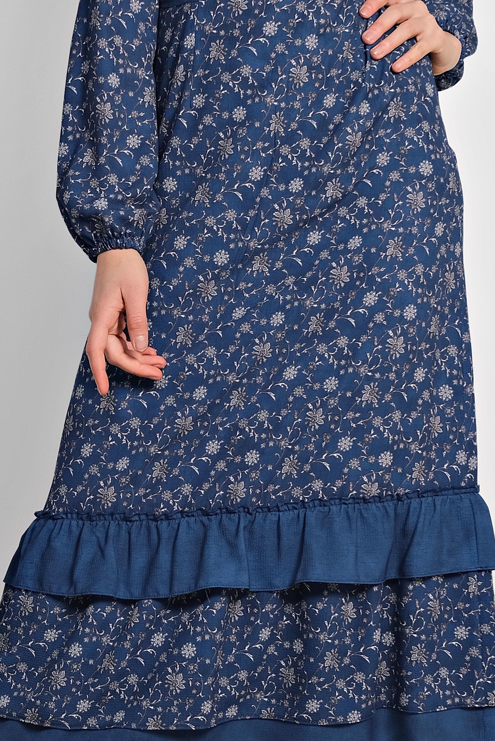 Tesettür giyim LACİVERT FLORAL DESENLİ BELİ KUŞAKLI ELBİSE 4050