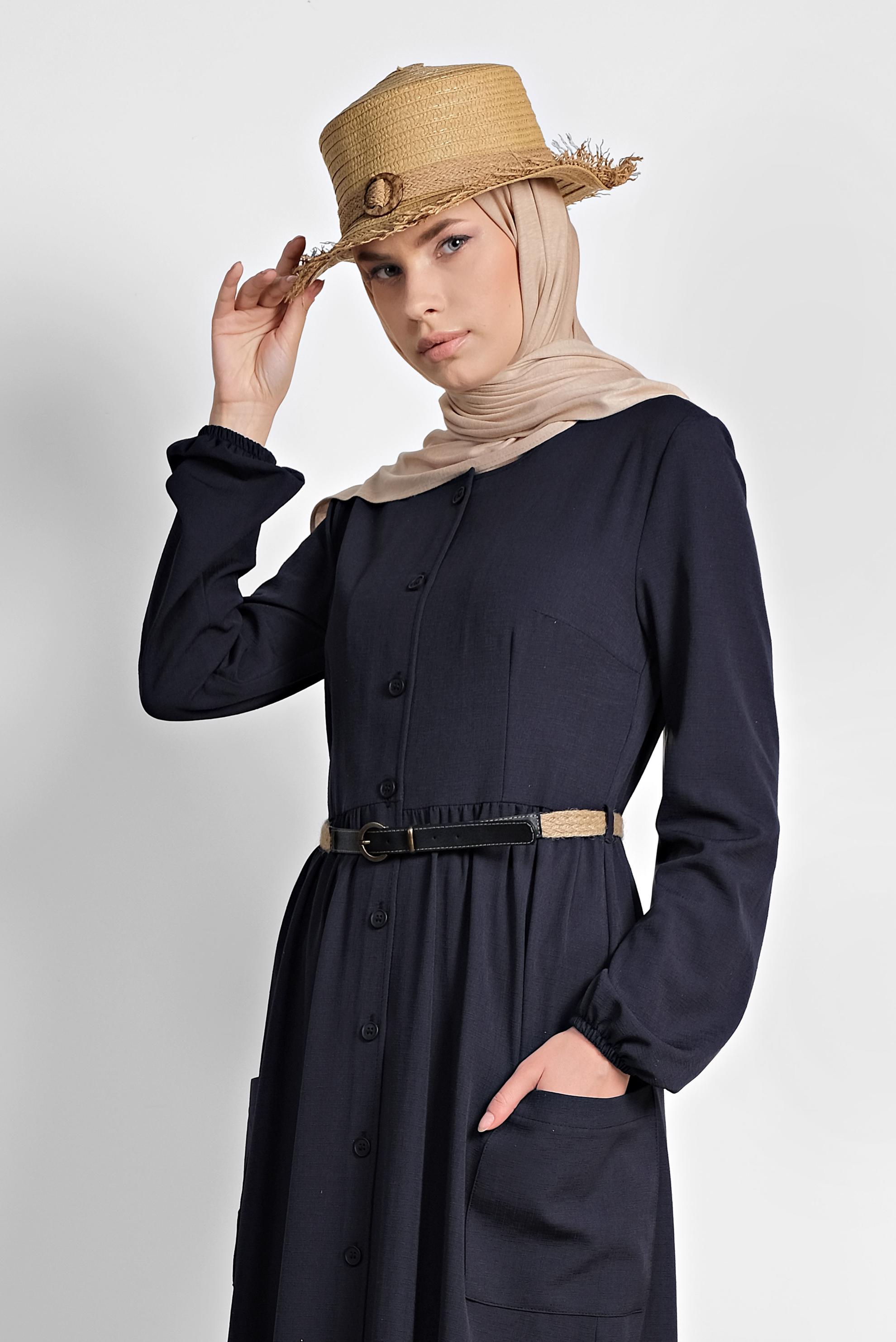 Tesettür giyim LACİVERT DÜĞMELİ ELBİSE 4088