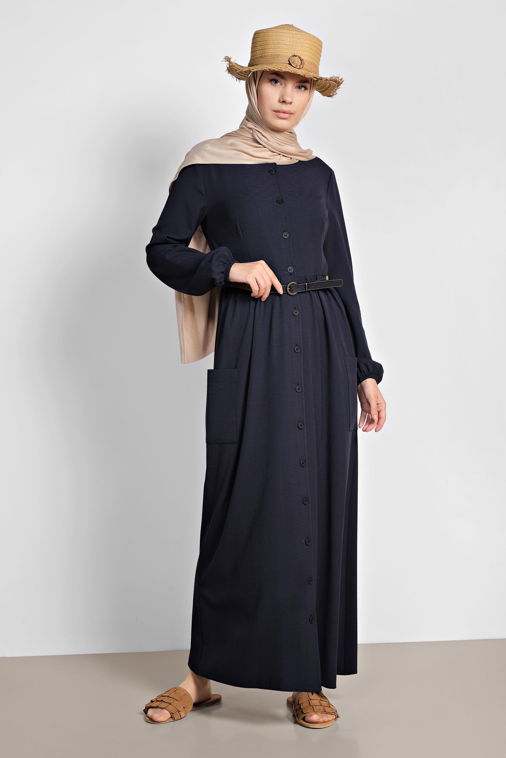 Tesettür giyim LACİVERT DÜĞMELİ ELBİSE 4088
