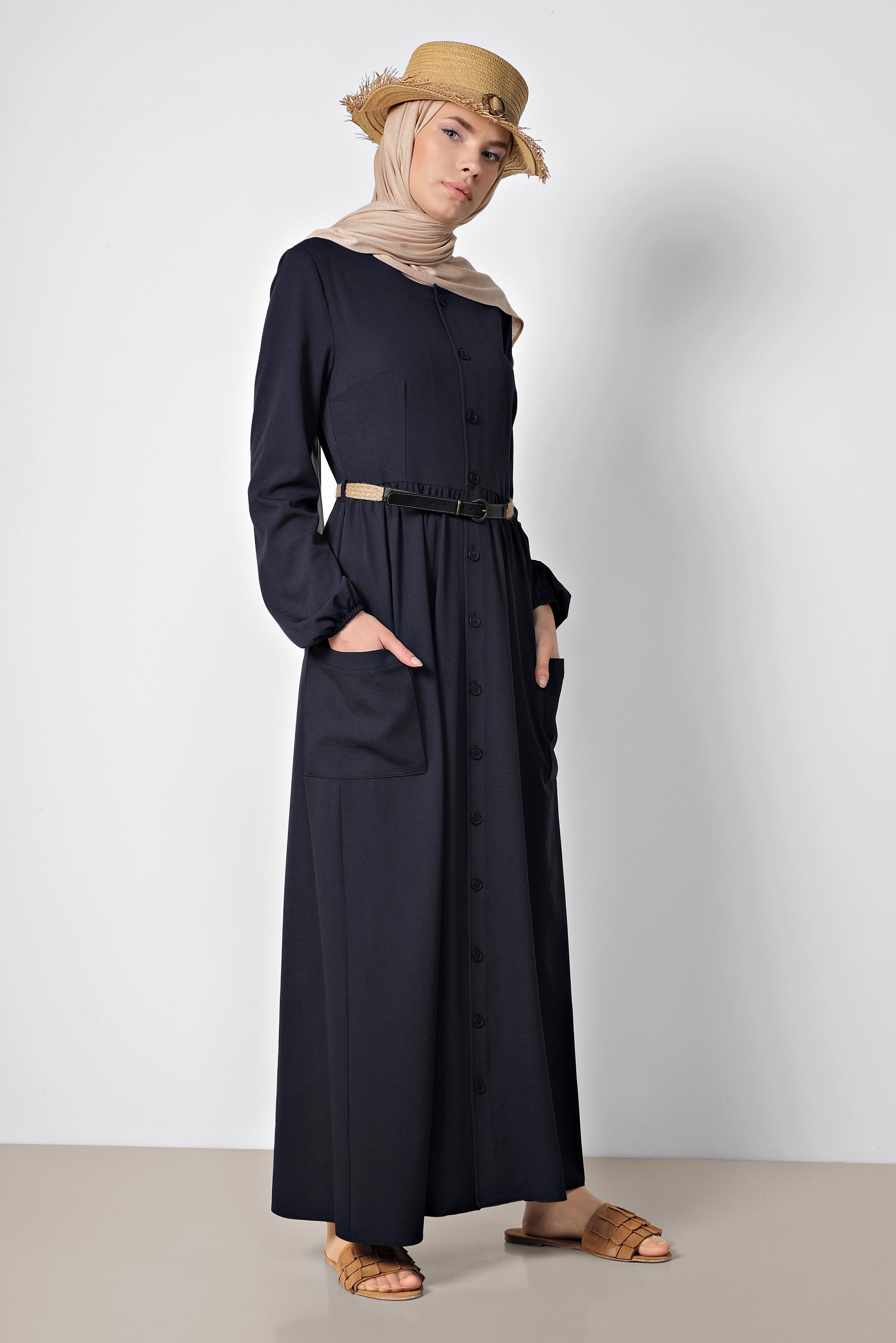 Tesettür giyim LACİVERT DÜĞMELİ ELBİSE 4088