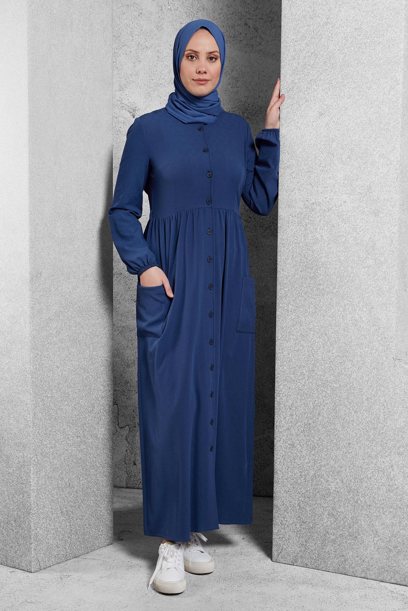 Tesettür giyim LACİVERT DÜĞMELİ ELBİSE 4088