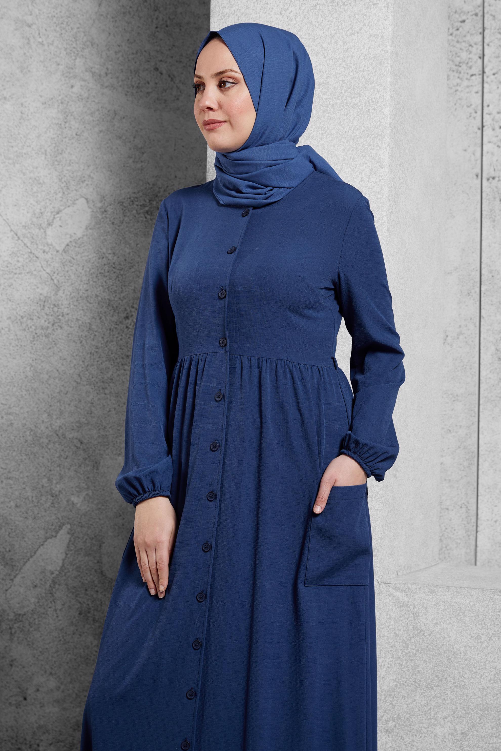 Tesettür giyim LACİVERT DÜĞMELİ ELBİSE 4088