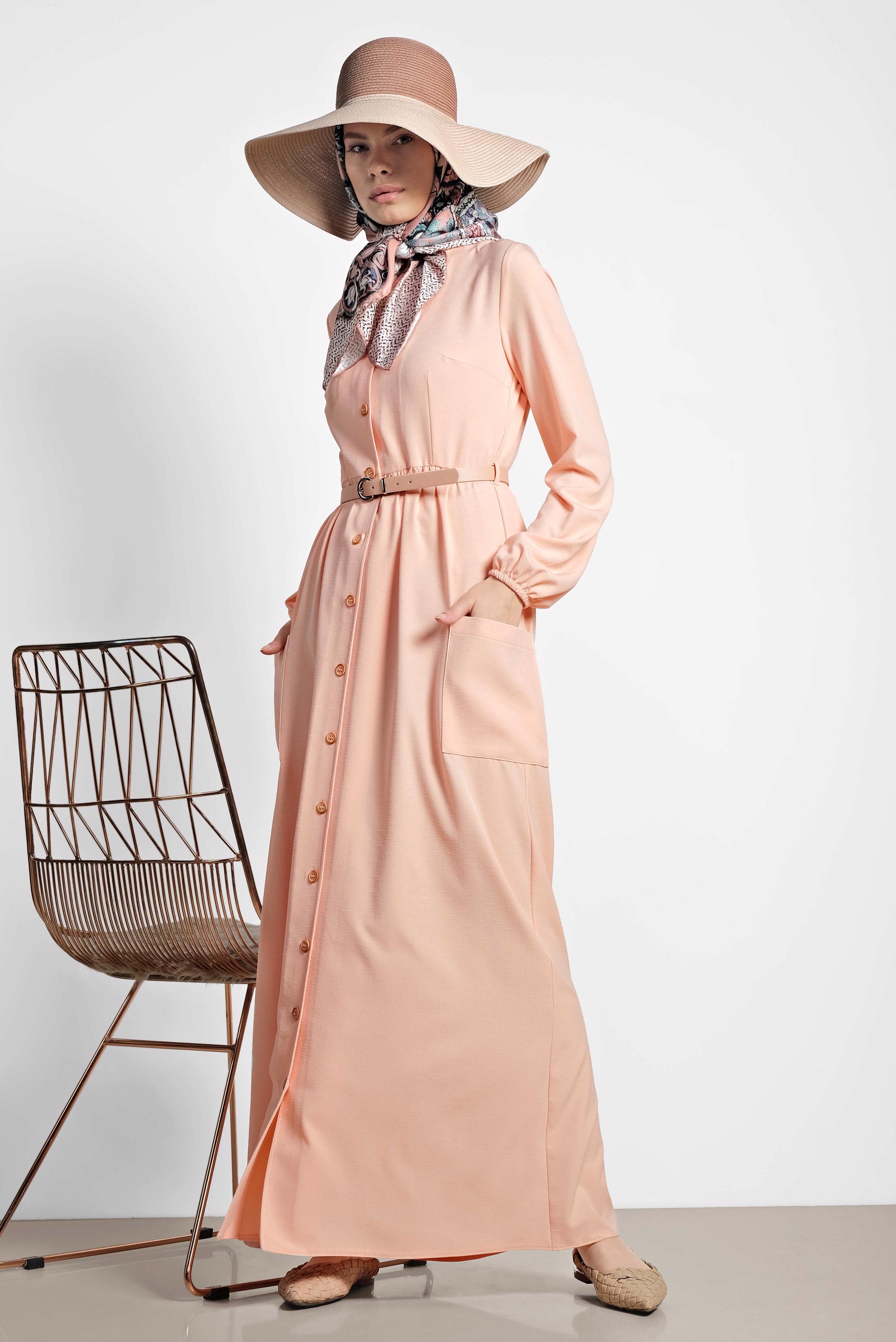 Tesettür giyim PUDRA DÜĞMELİ ELBİSE 4088