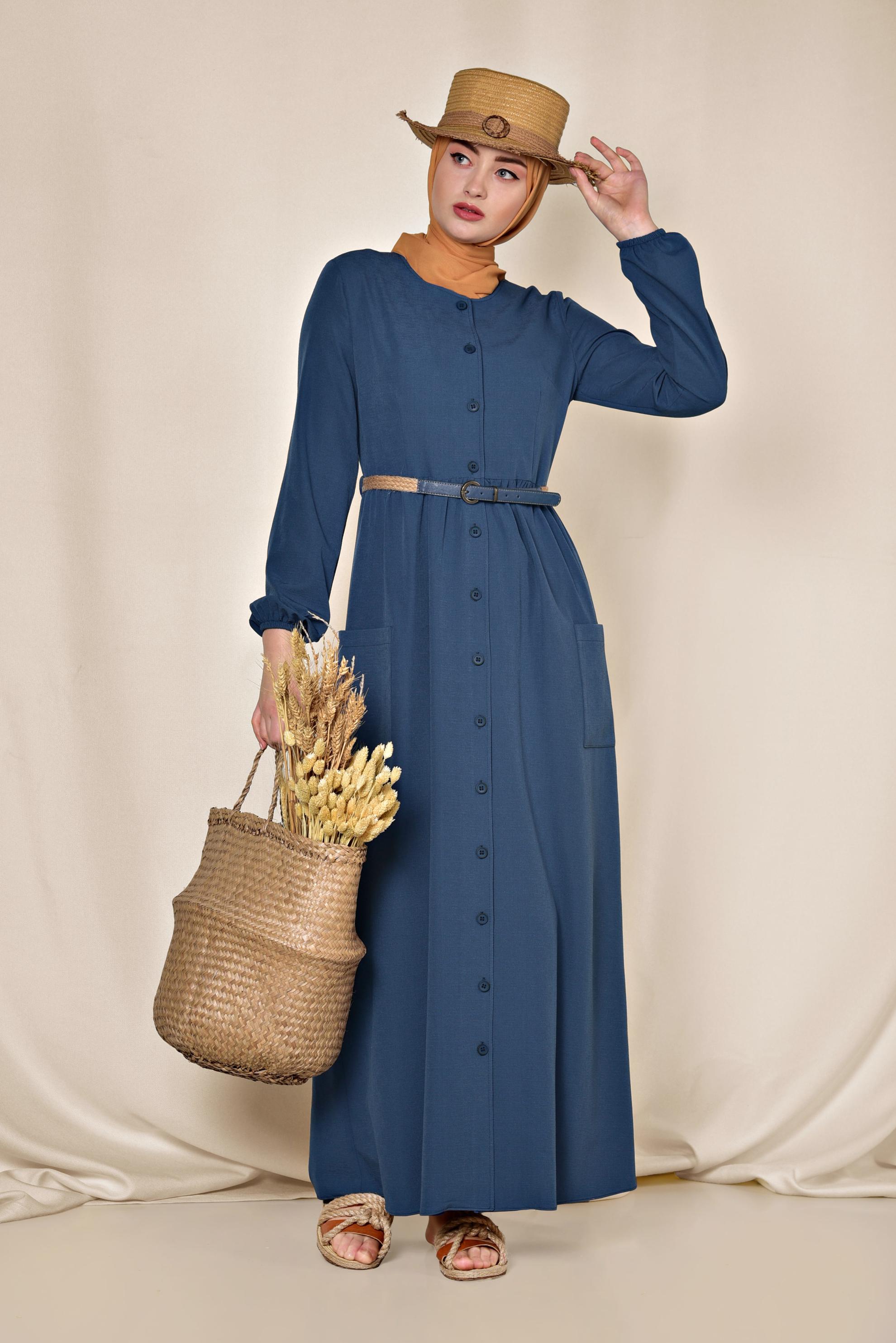 Tesettür giyim LACİVERT DÜĞMELİ ELBİSE 4088