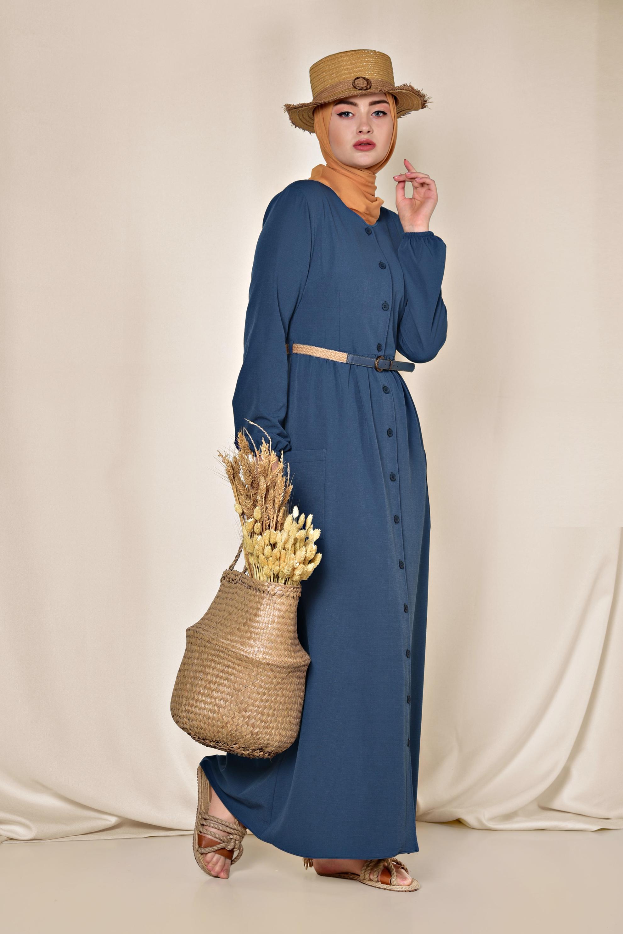 Tesettür giyim LACİVERT DÜĞMELİ ELBİSE 4088