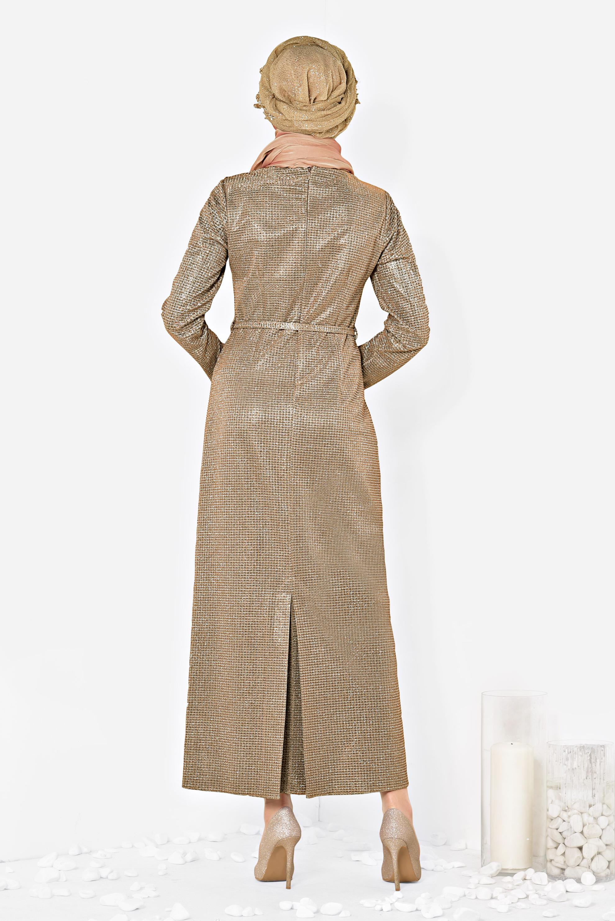 Tesettür giyim BAKIR / BRONZ SİMLİ KEMERLİ ELBİSE 4101