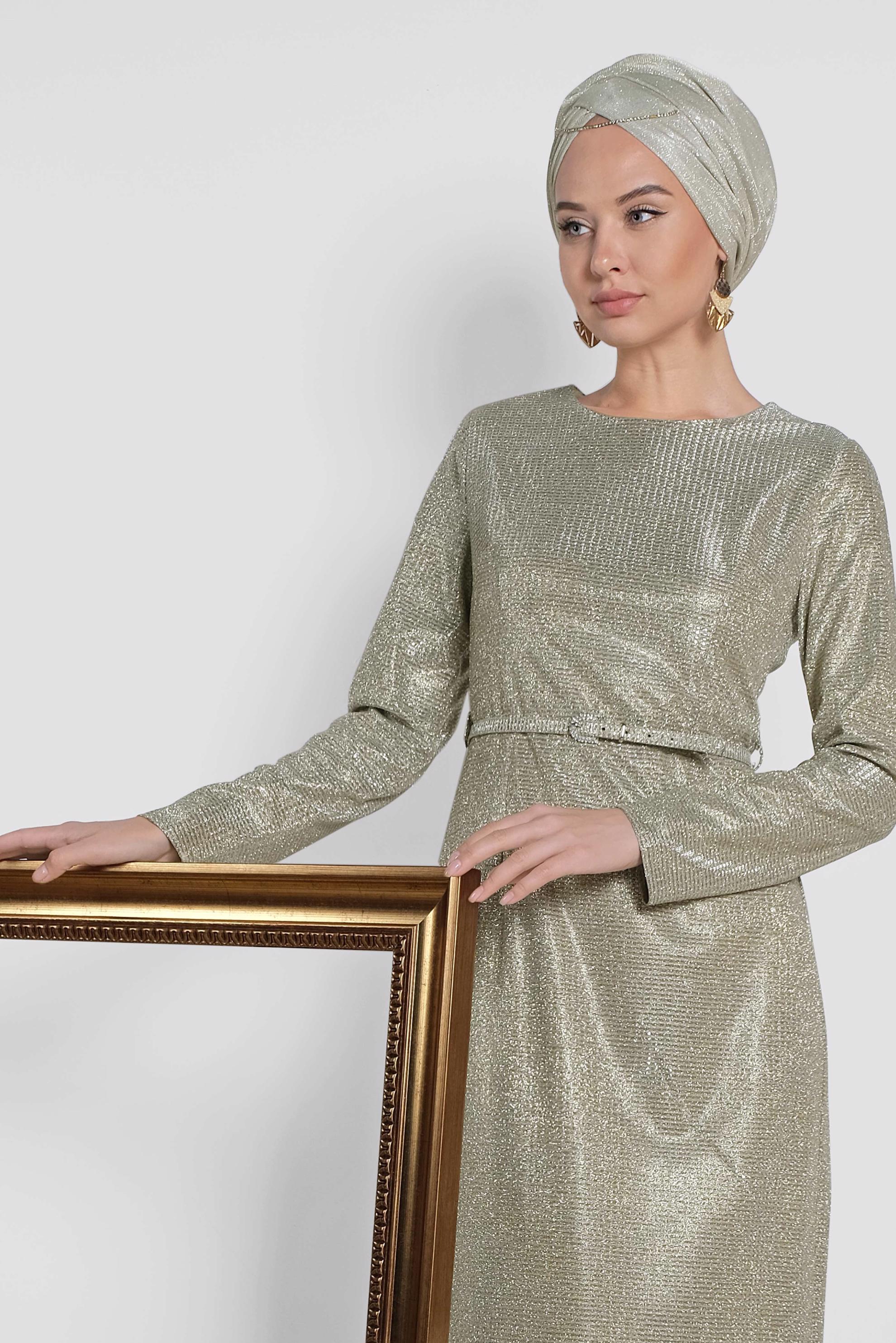 Tesettür giyim ALTIN SİMLİ KEMERLİ ELBİSE 4101