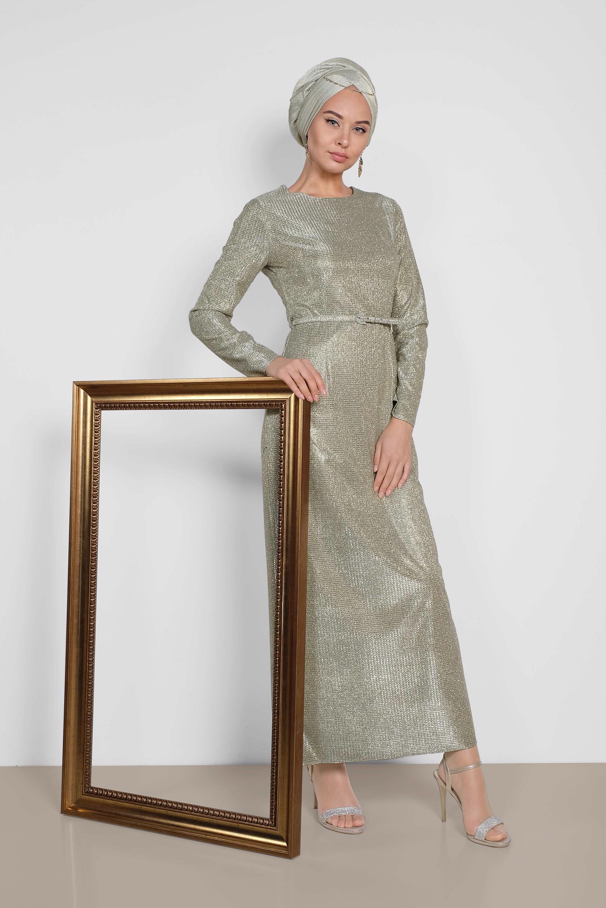 Tesettür giyim ALTIN SİMLİ KEMERLİ ELBİSE 4101
