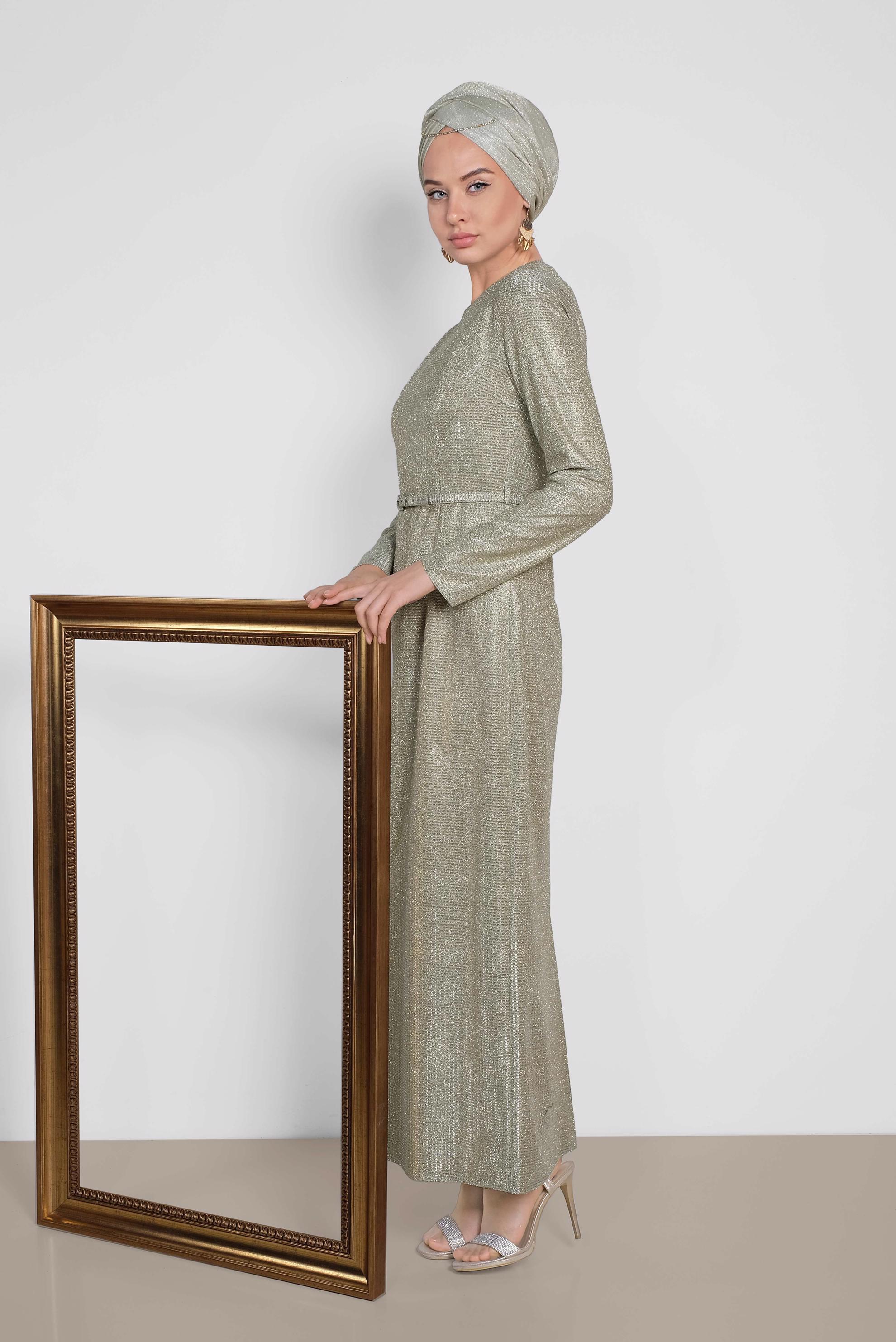 Tesettür giyim ALTIN SİMLİ KEMERLİ ELBİSE 4101