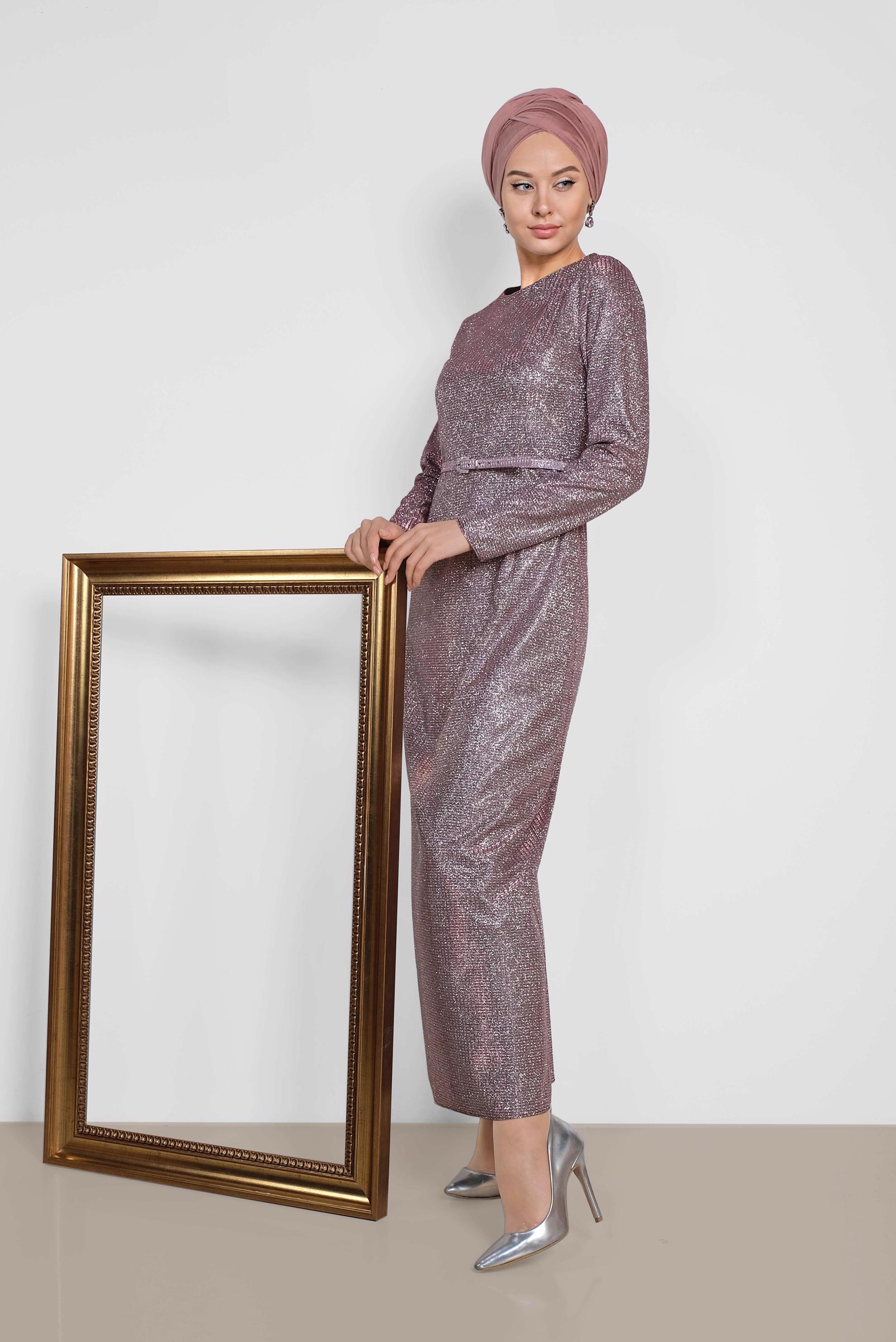 Tesettür giyim PUDRA SİMLİ KEMERLİ ELBİSE 4101