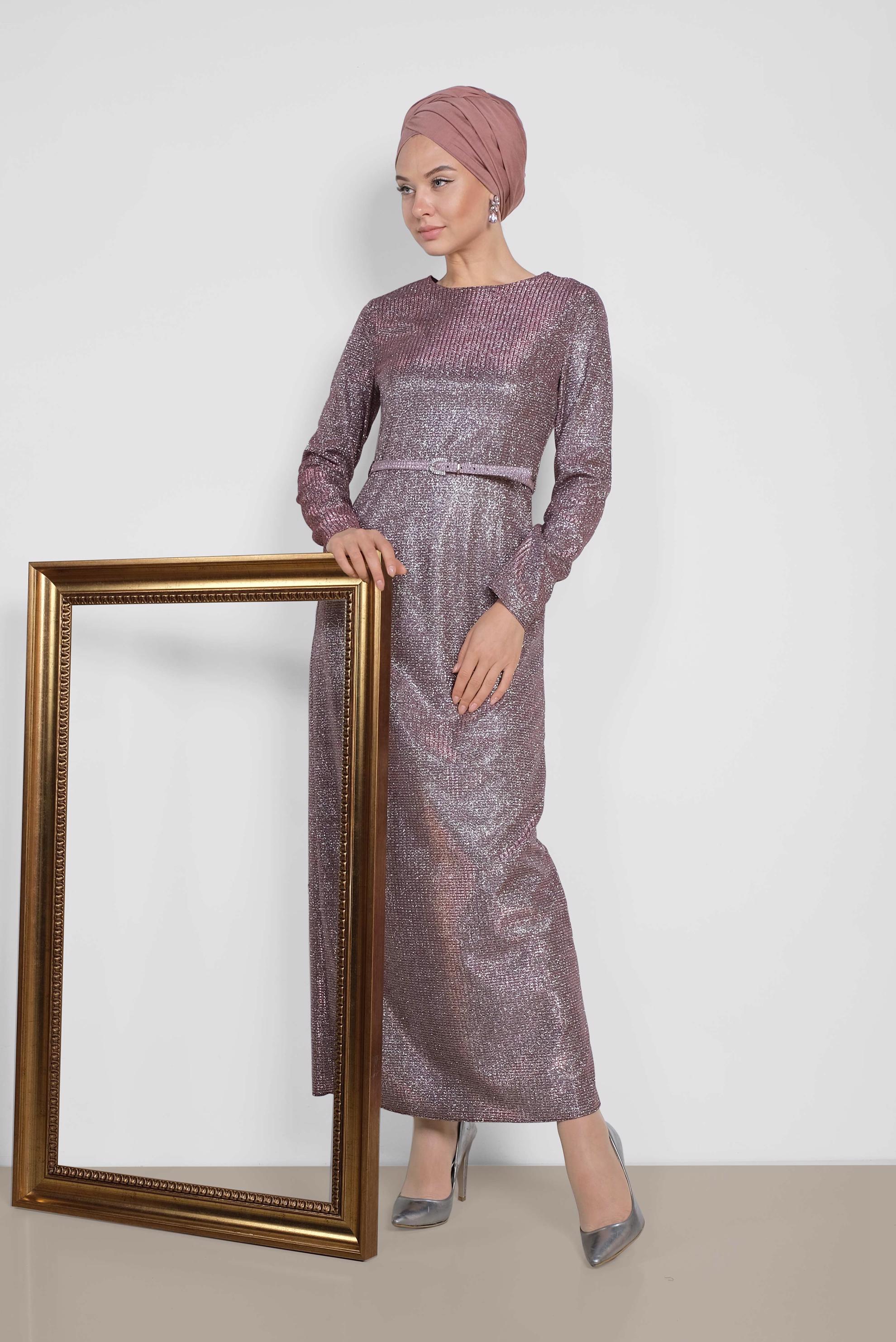 Tesettür giyim PUDRA SİMLİ KEMERLİ ELBİSE 4101