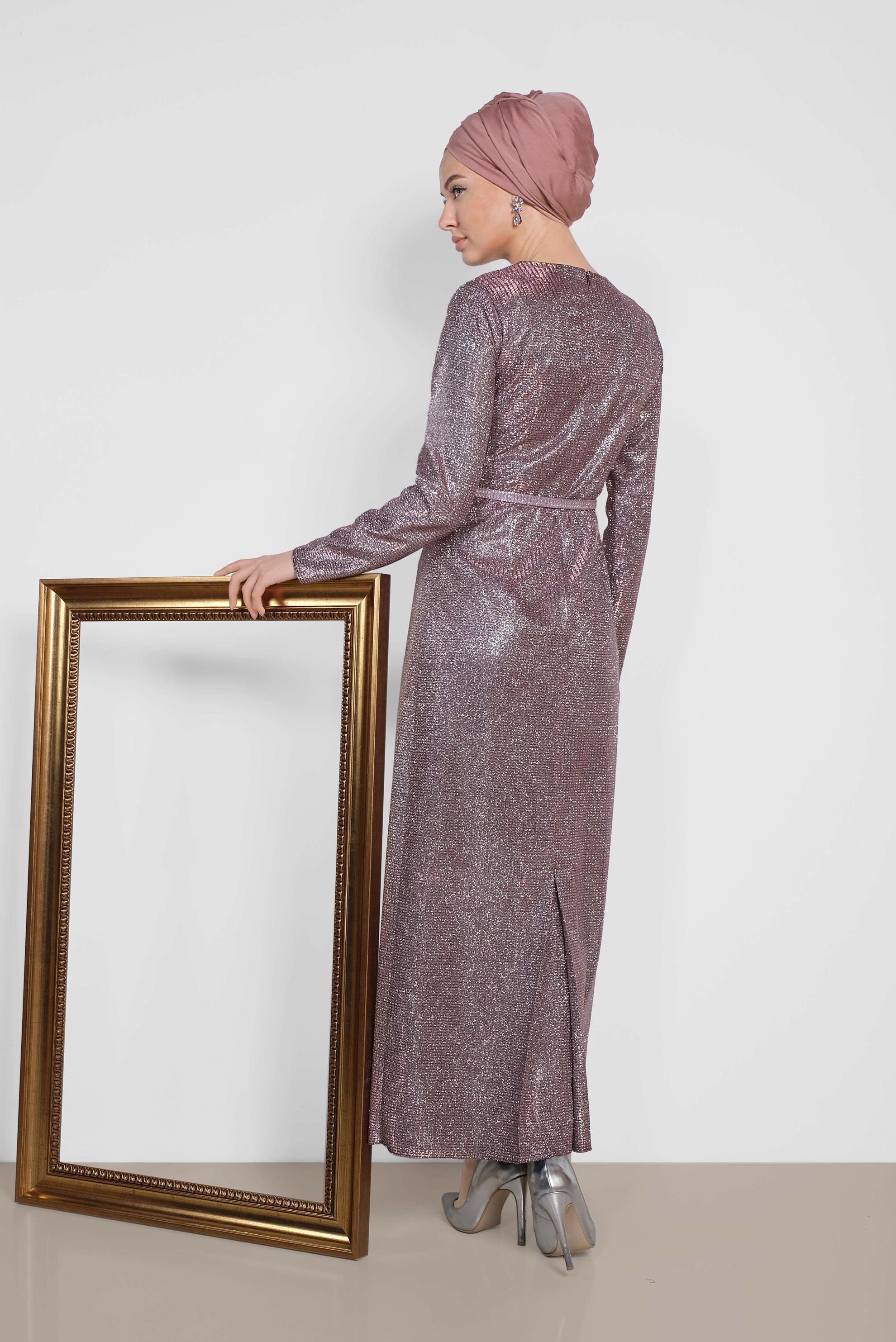 Tesettür giyim PUDRA SİMLİ KEMERLİ ELBİSE 4101