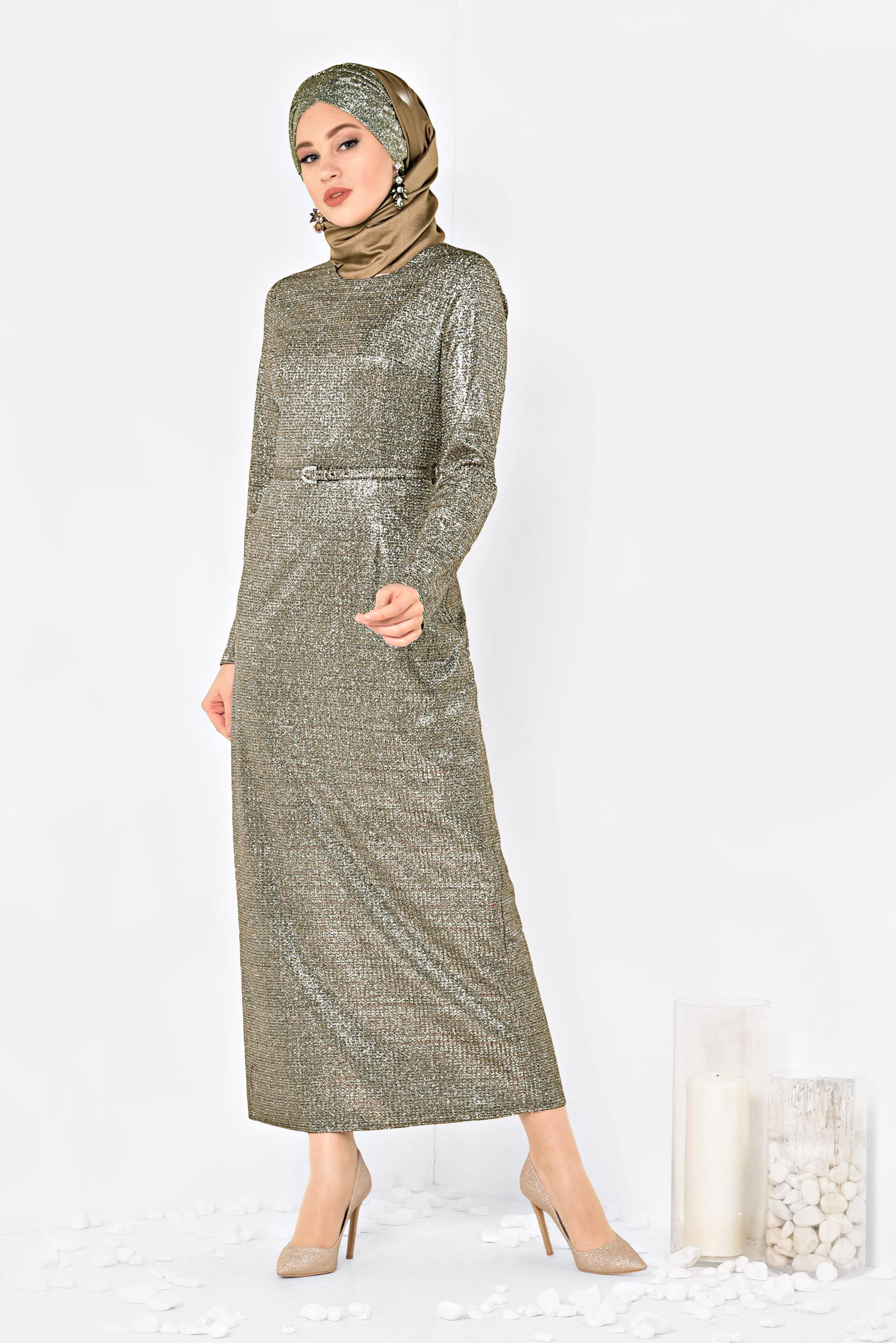 Tesettür giyim VİZON SİMLİ KEMERLİ ELBİSE 4101