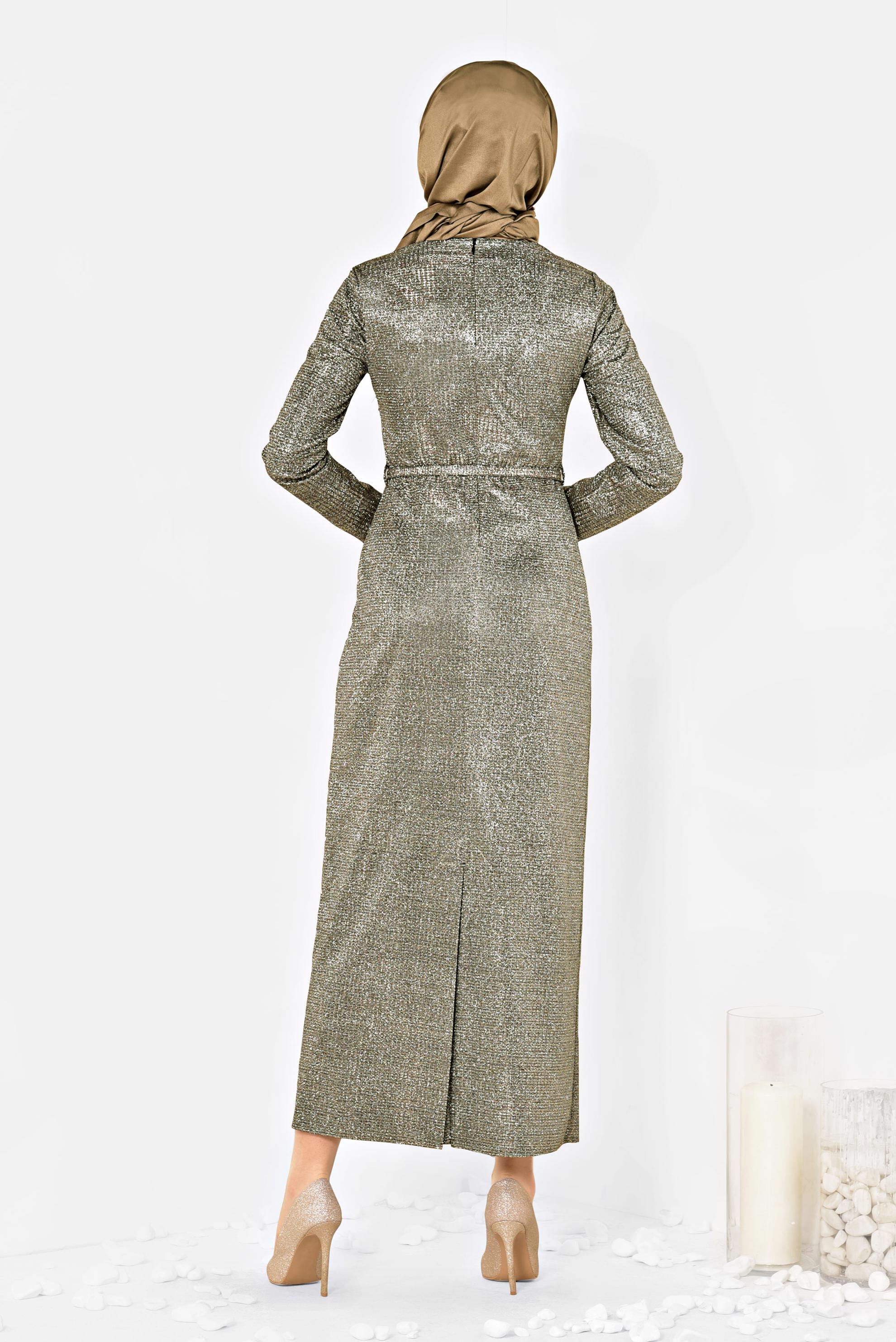 Tesettür giyim VİZON SİMLİ KEMERLİ ELBİSE 4101