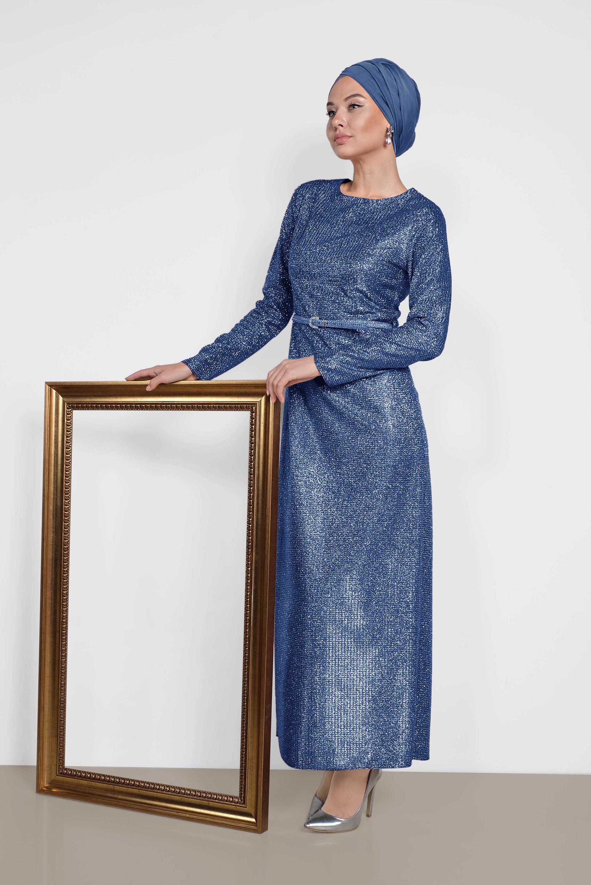 Tesettür giyim LACİVERT SİMLİ KEMERLİ ELBİSE 4101