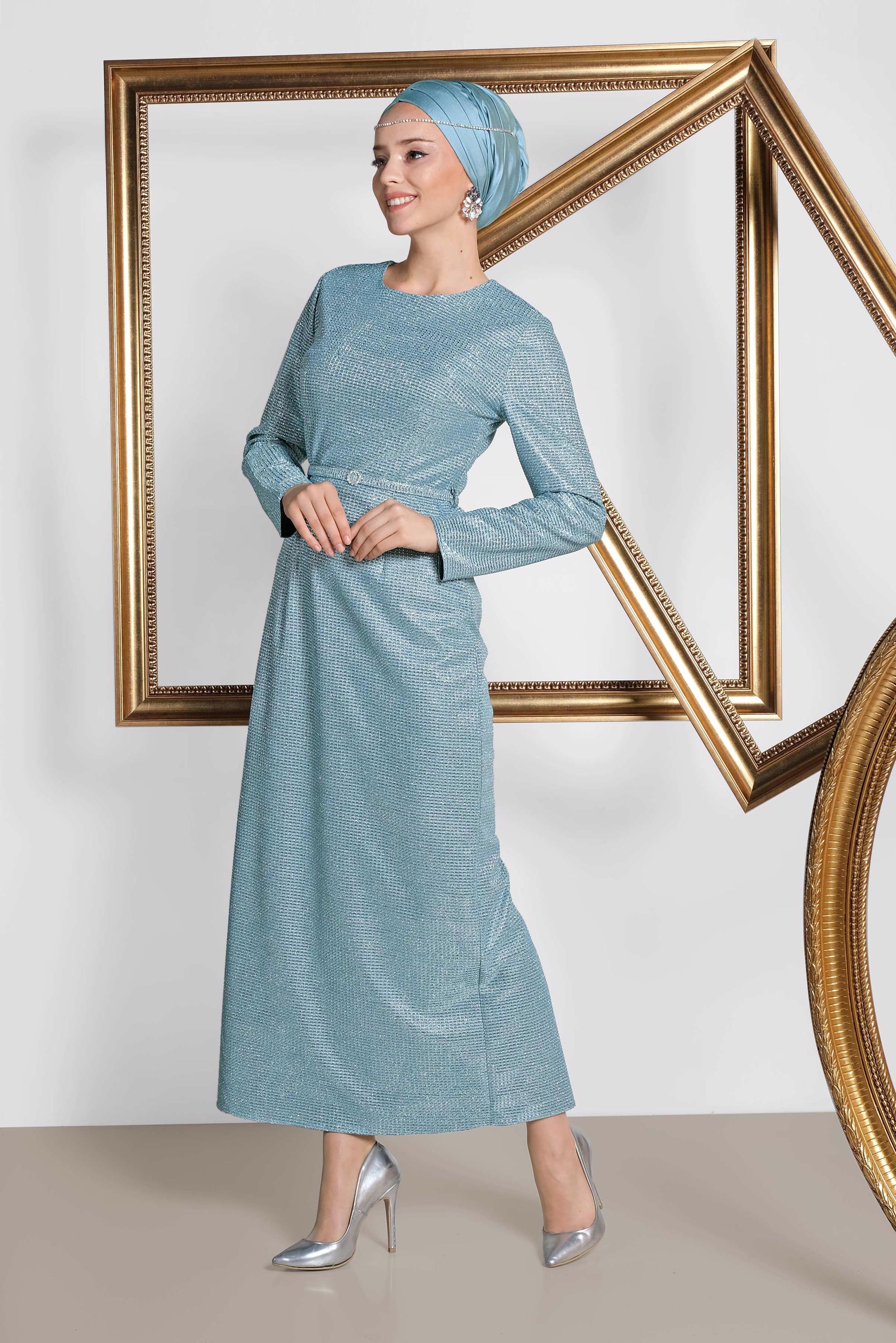 Tesettür giyim MAVİ SİMLİ KEMERLİ ELBİSE 4101