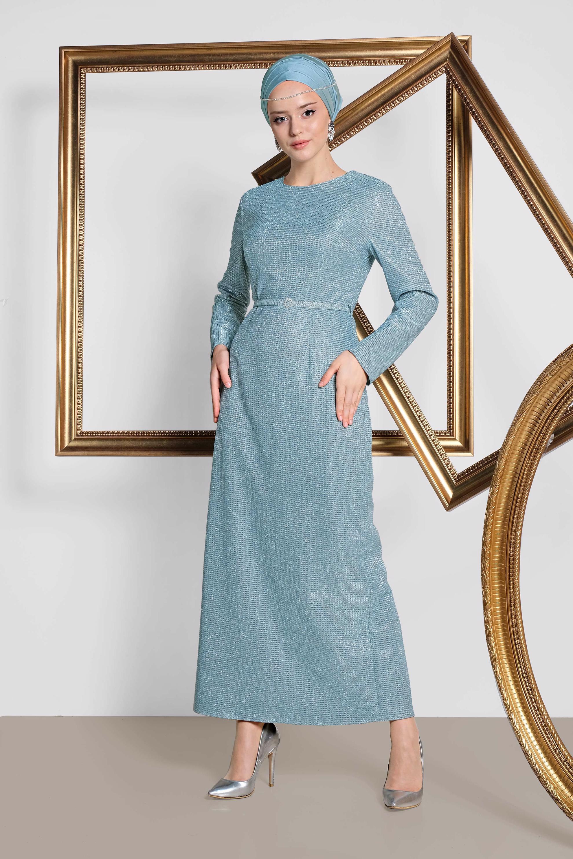 Tesettür giyim MAVİ SİMLİ KEMERLİ ELBİSE 4101