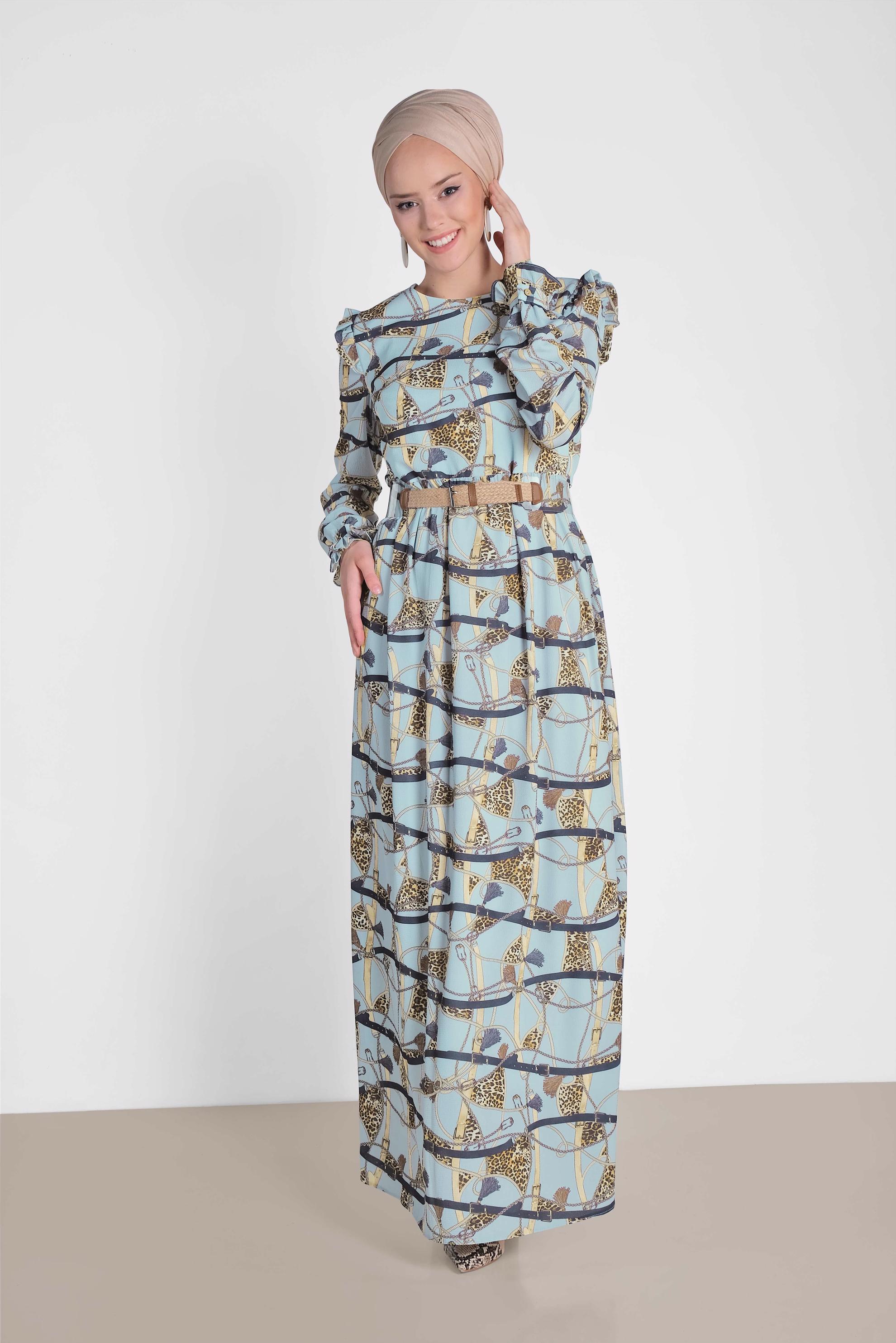 Tesettür giyim MAVİ DESENLİ VE KEMERLİ UZUN ELBİSE 4104