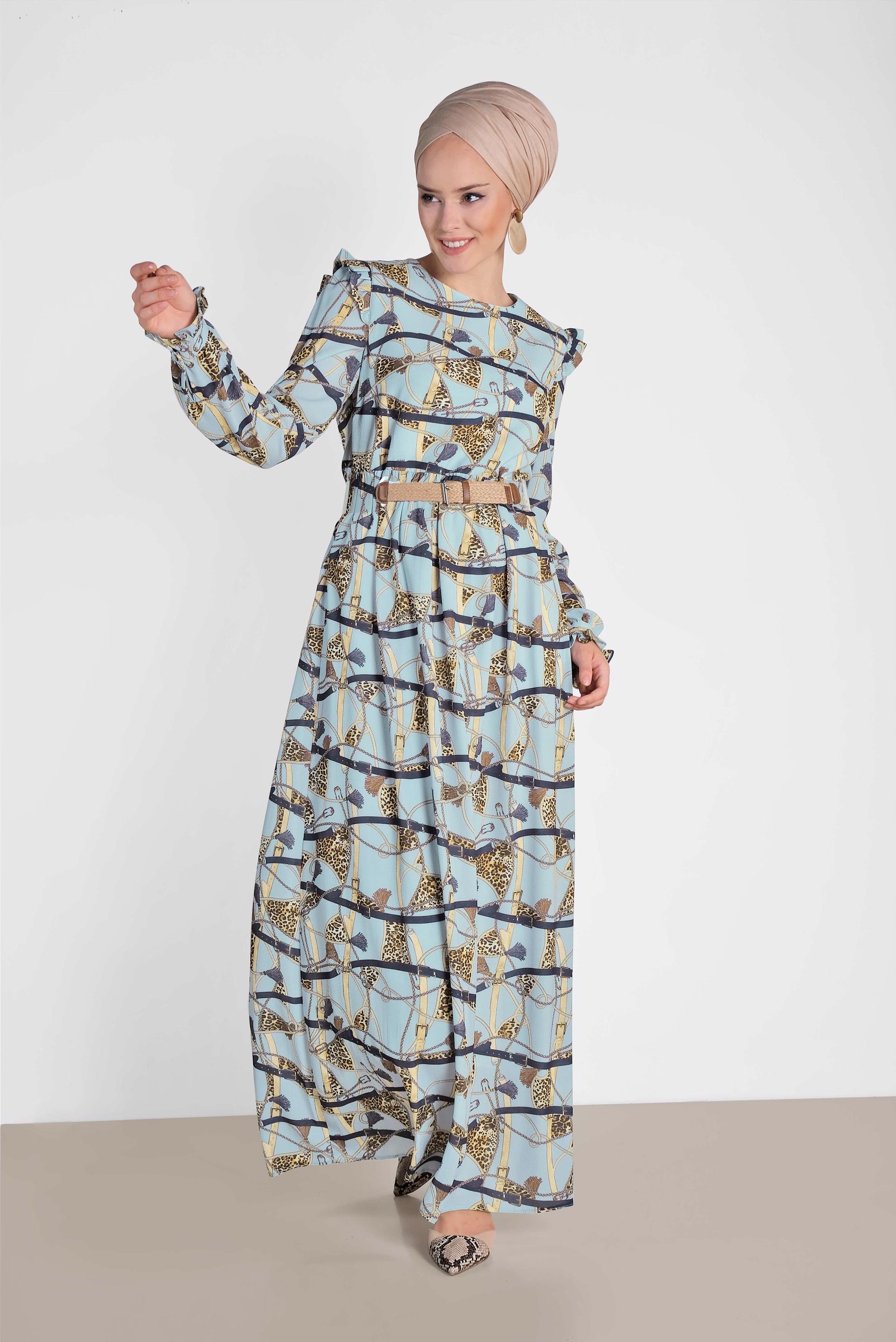 Tesettür giyim MAVİ DESENLİ VE KEMERLİ UZUN ELBİSE 4104