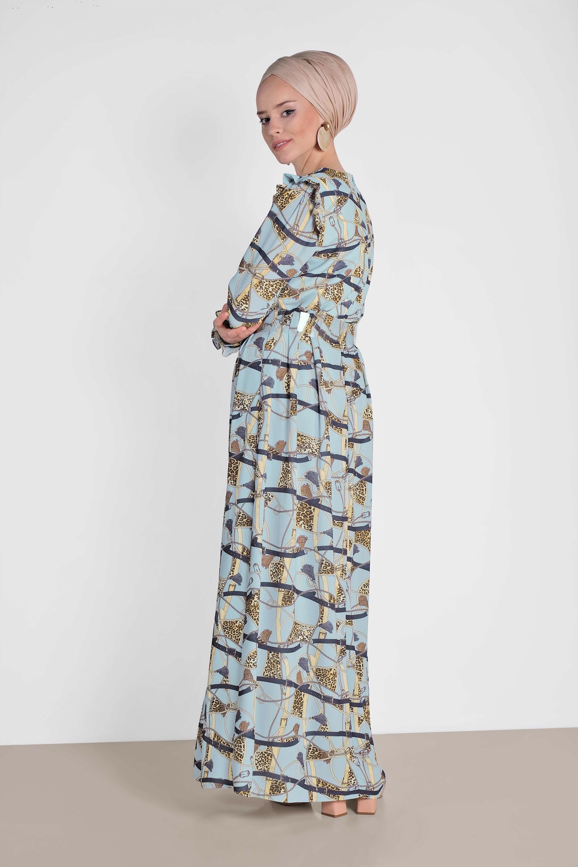 Tesettür giyim MAVİ DESENLİ VE KEMERLİ UZUN ELBİSE 4104