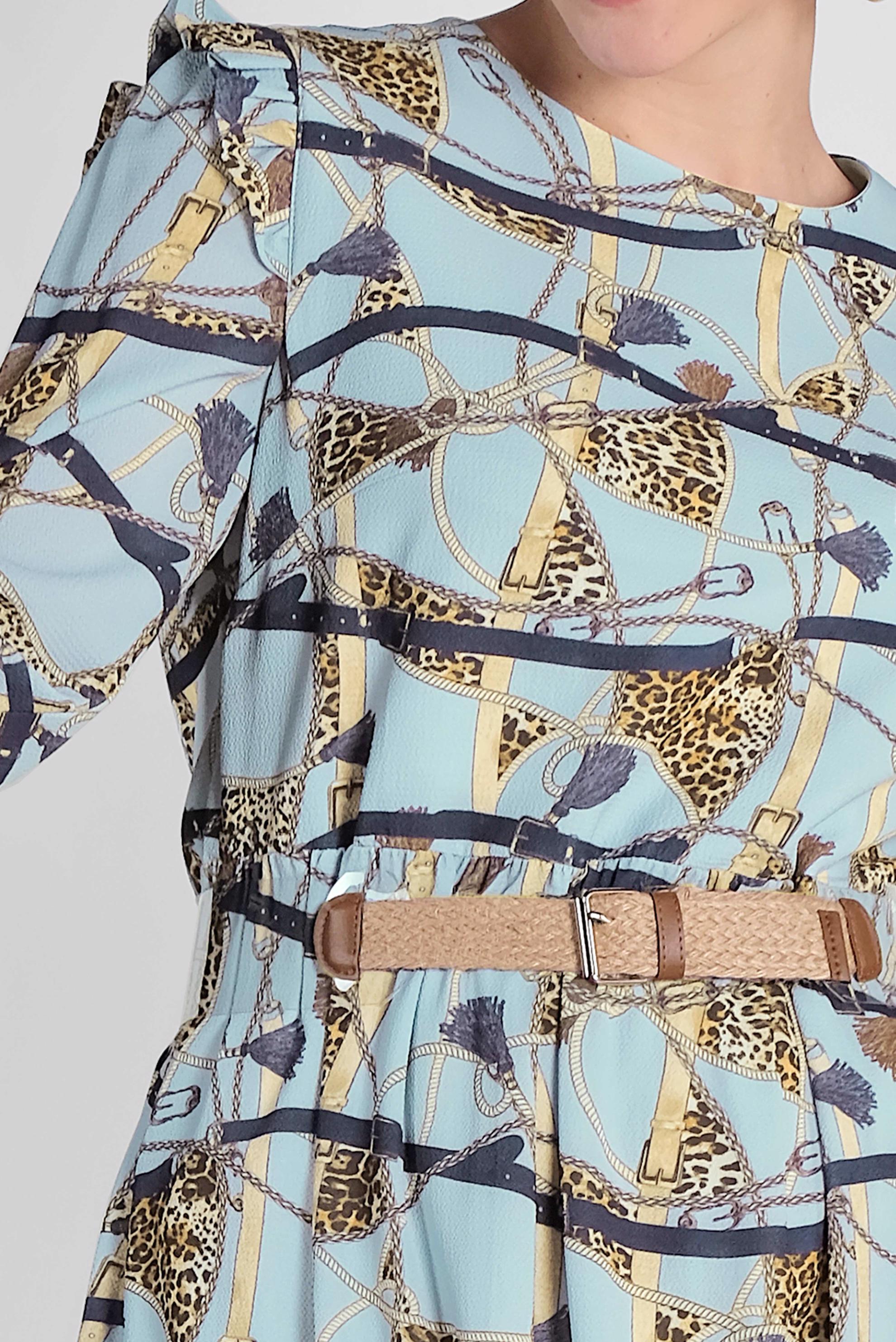 Tesettür giyim MAVİ DESENLİ VE KEMERLİ UZUN ELBİSE 4104