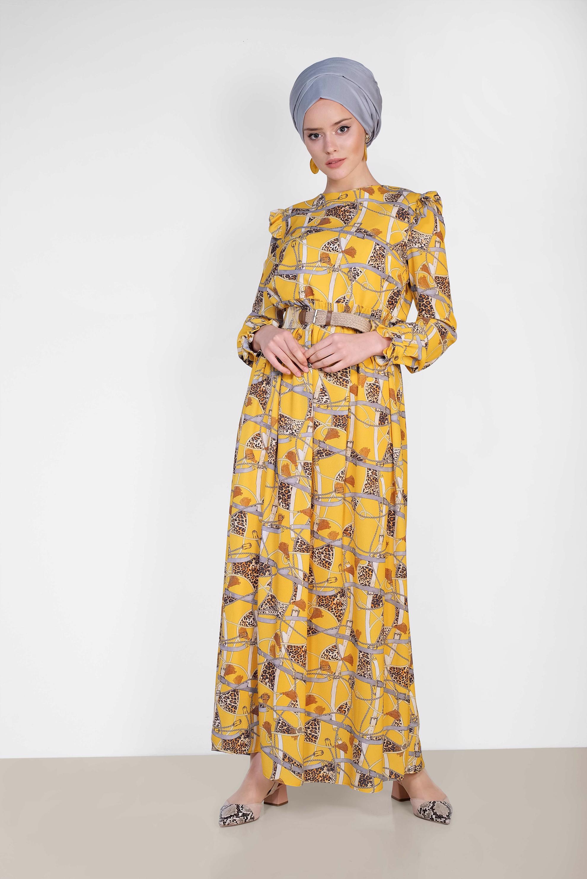 Tesettür giyim SARI DESENLİ VE KEMERLİ UZUN ELBİSE 4104