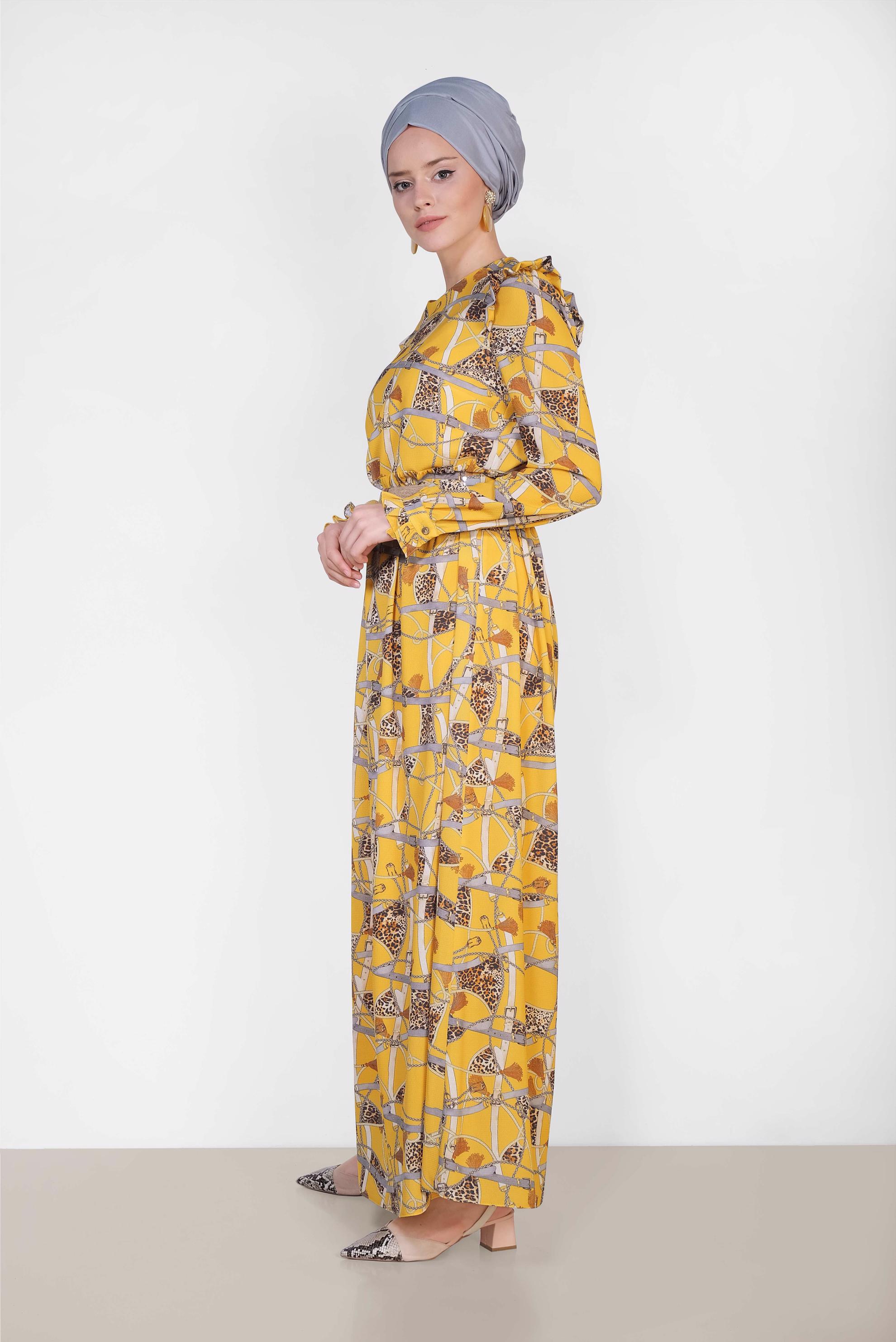 Tesettür giyim SARI DESENLİ VE KEMERLİ UZUN ELBİSE 4104