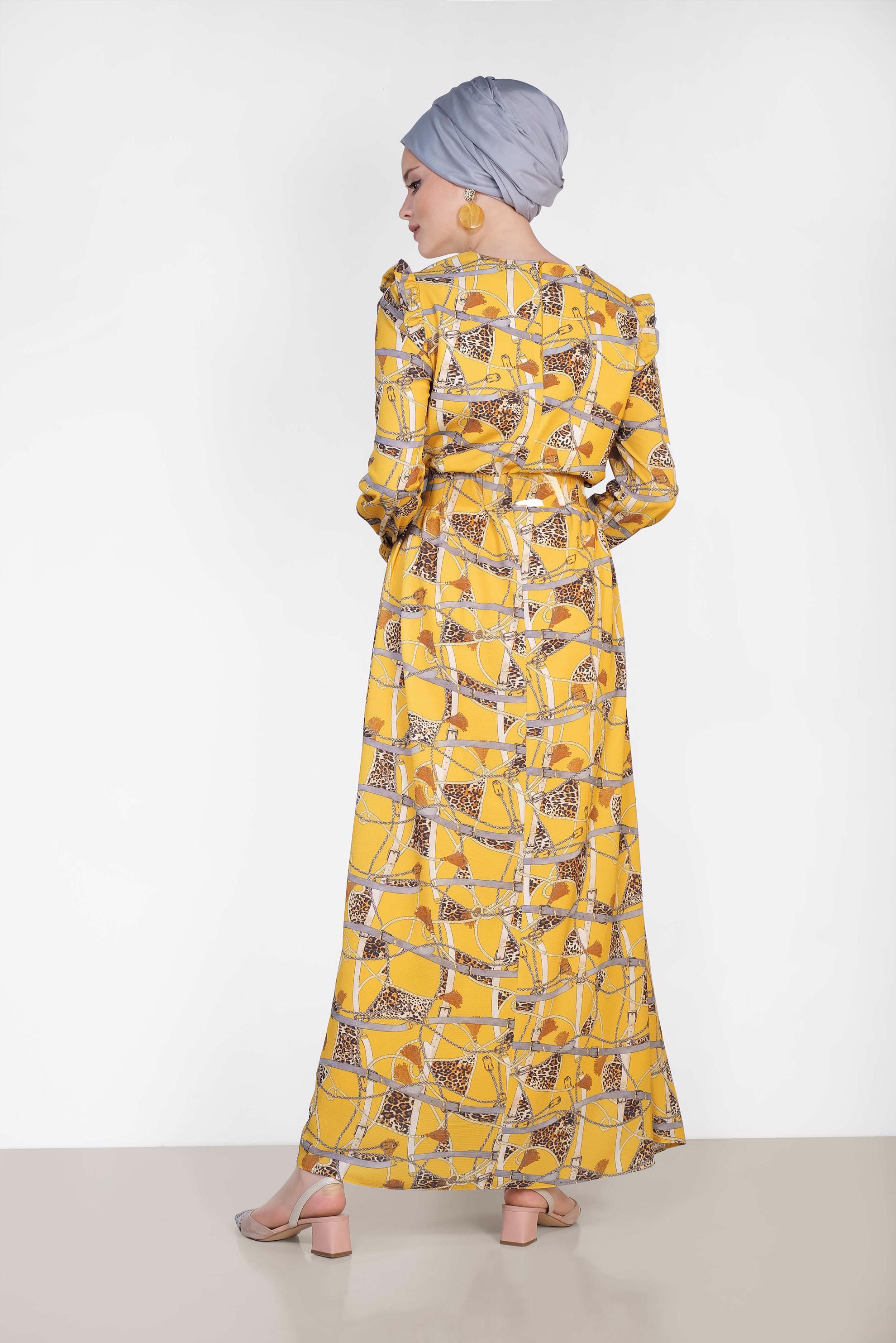 Tesettür giyim SARI DESENLİ VE KEMERLİ UZUN ELBİSE 4104