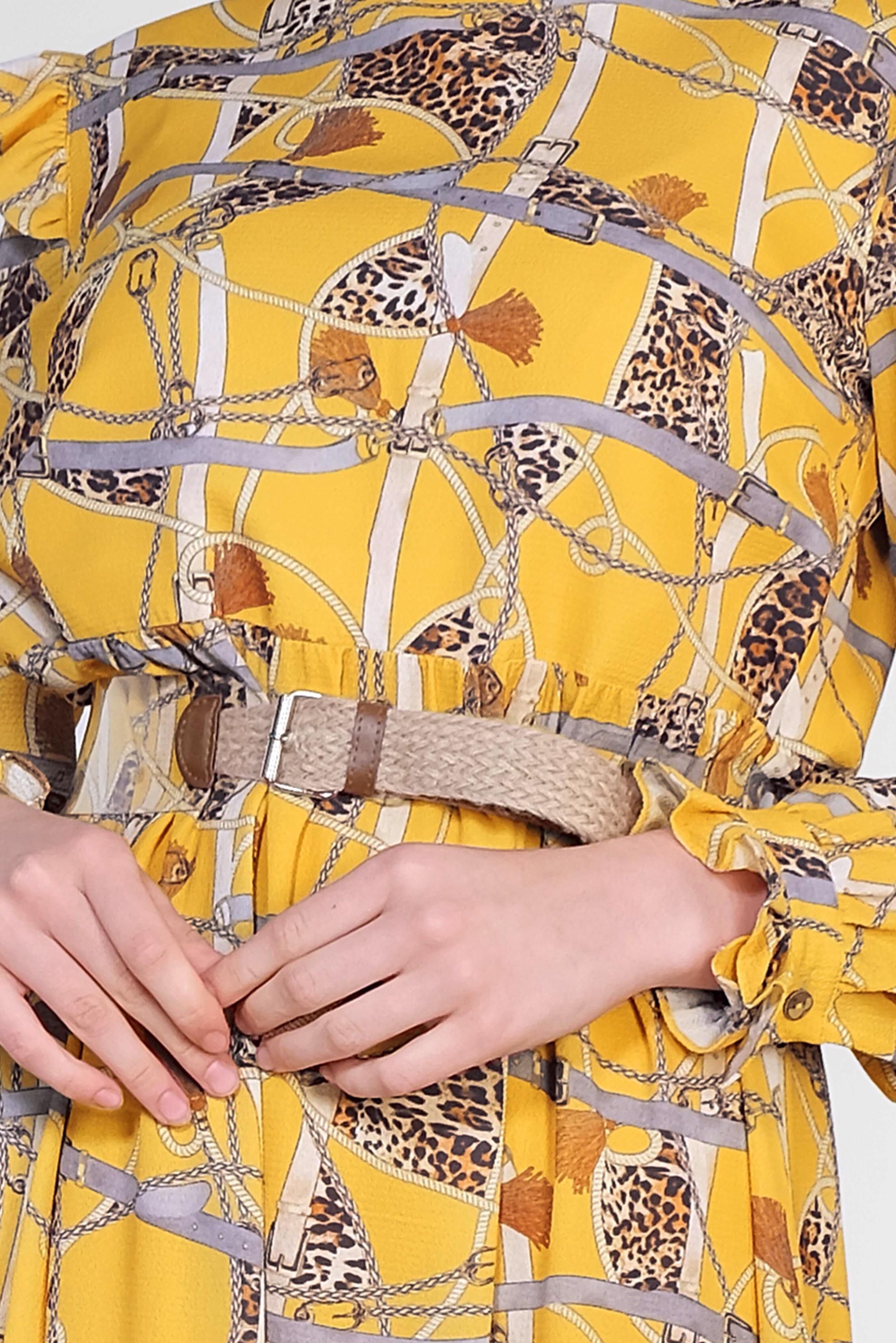 Tesettür giyim SARI DESENLİ VE KEMERLİ UZUN ELBİSE 4104