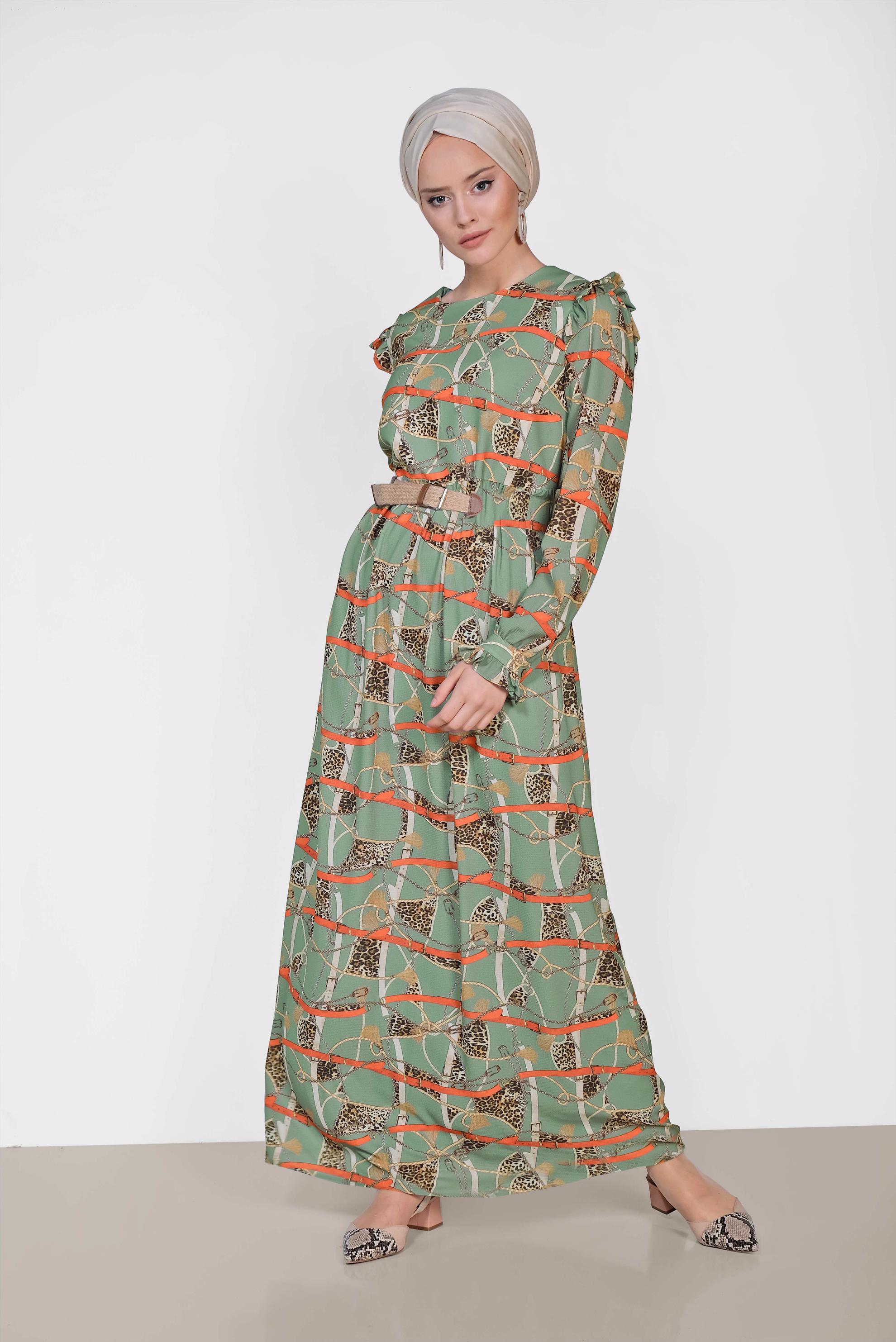 Tesettür giyim YEŞİL DESENLİ VE KEMERLİ UZUN ELBİSE 4104