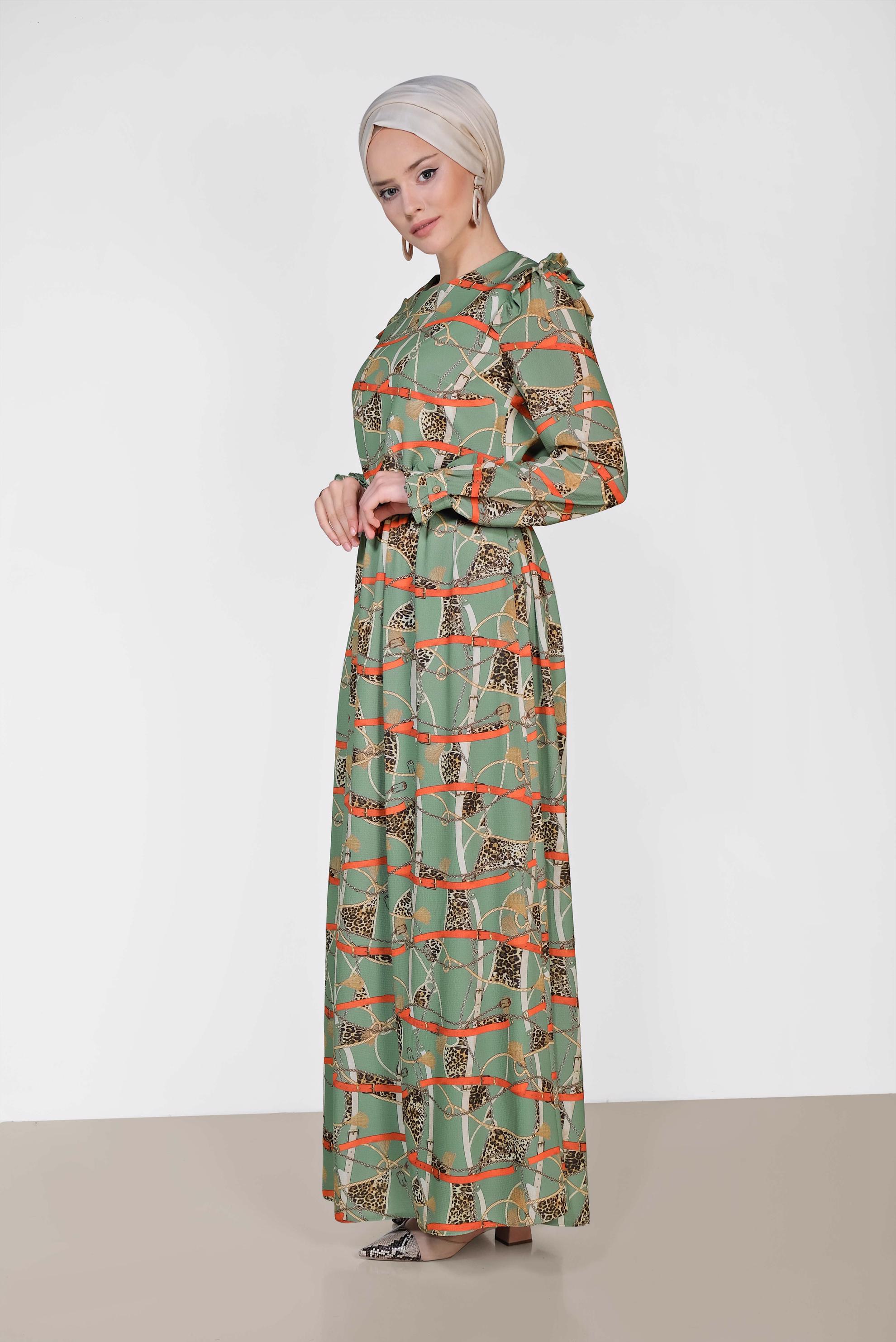Tesettür giyim YEŞİL DESENLİ VE KEMERLİ UZUN ELBİSE 4104