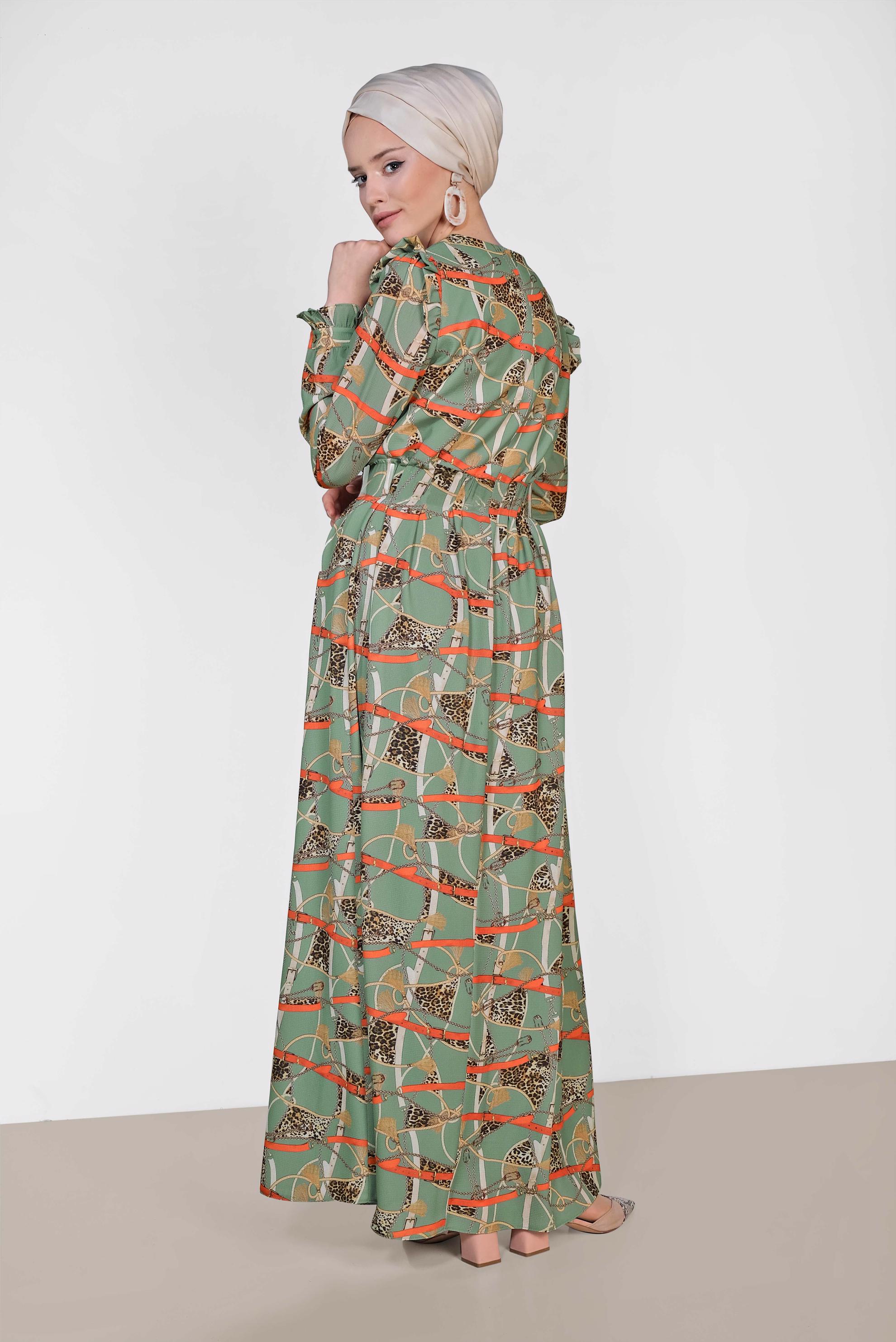 Tesettür giyim YEŞİL DESENLİ VE KEMERLİ UZUN ELBİSE 4104