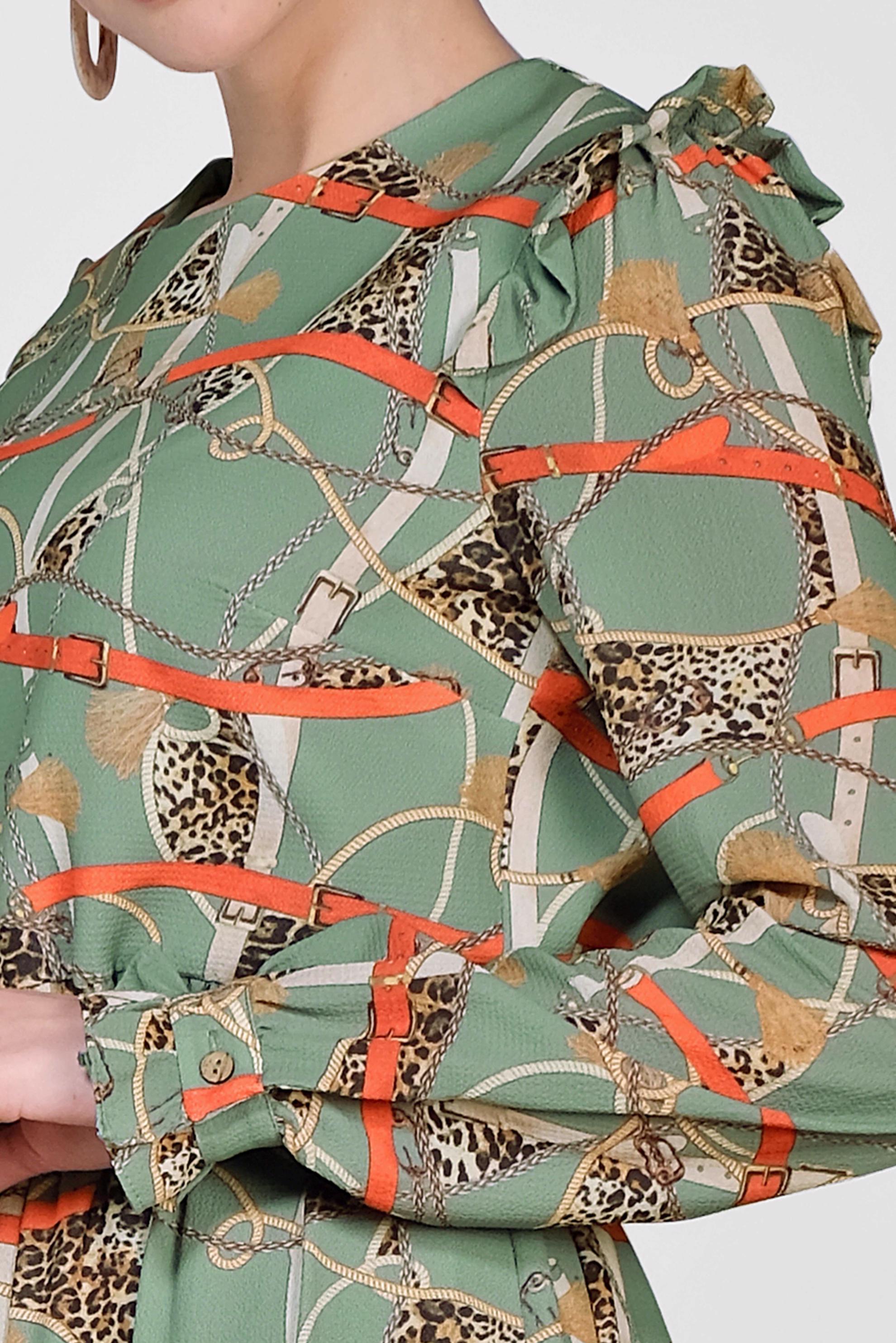 Tesettür giyim YEŞİL DESENLİ VE KEMERLİ UZUN ELBİSE 4104