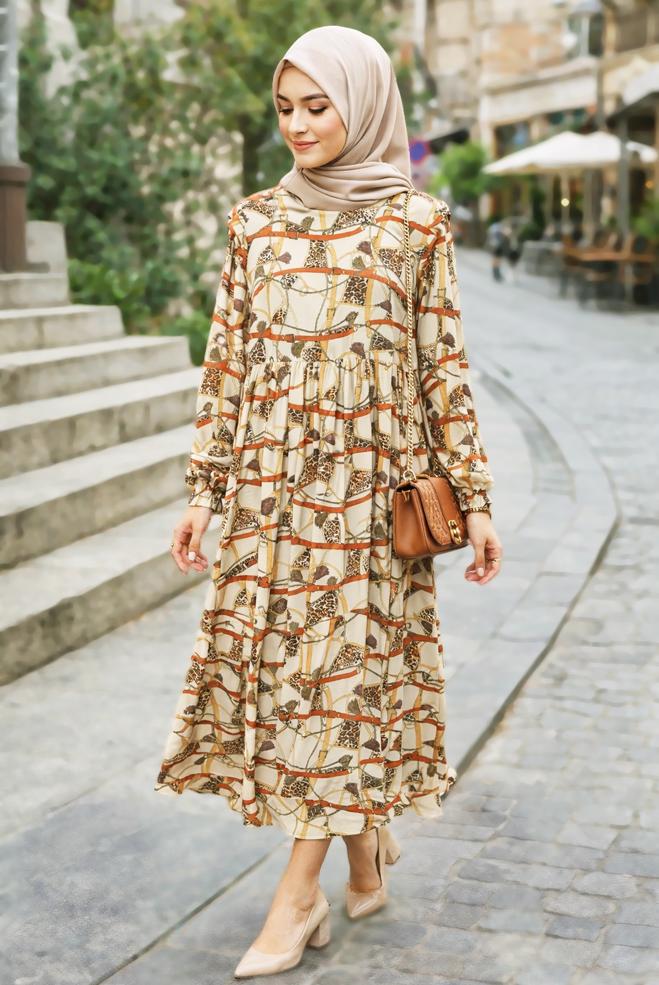 Hijab clothing BEIGE BELTED AND PATTERNED LONG DRESS 4104  - ALVİNA