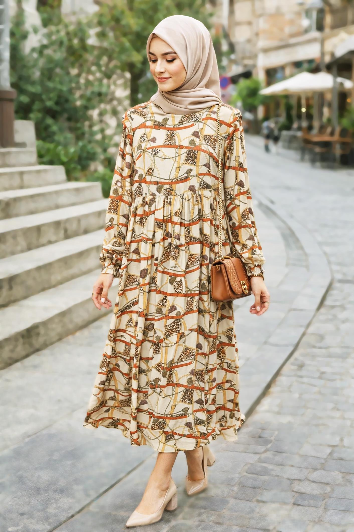 Hijab clothing BEIGE BELTED AND PATTERNED LONG DRESS 4104 