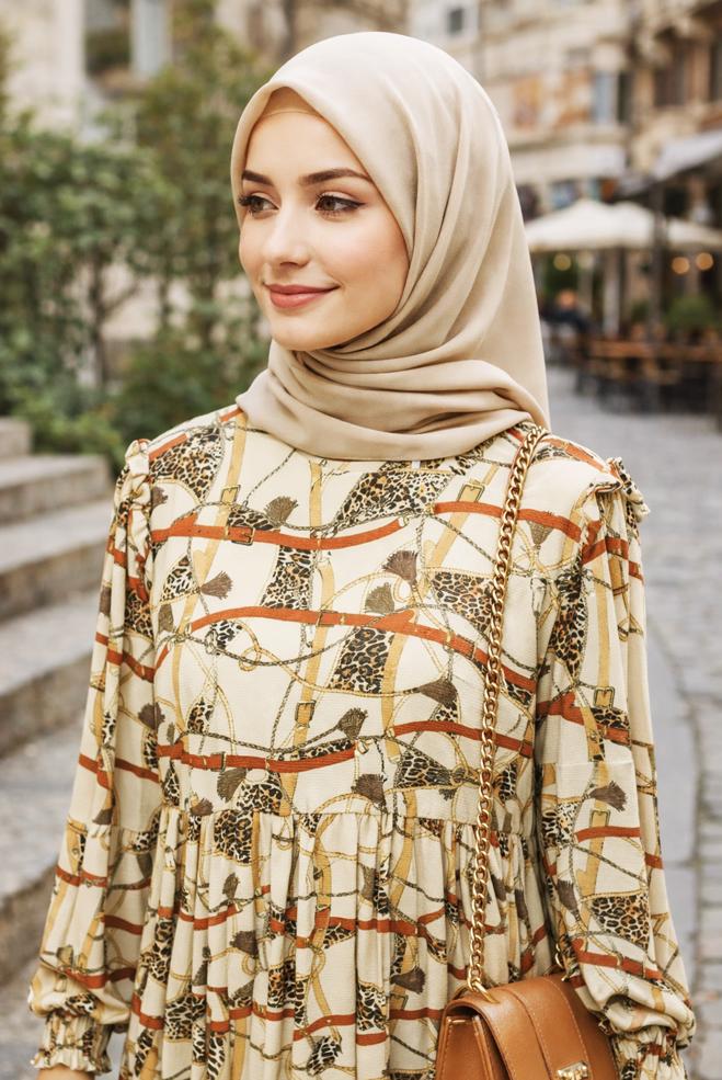 Hijab clothing BEIGE BELTED AND PATTERNED LONG DRESS 4104  - ALVİNA