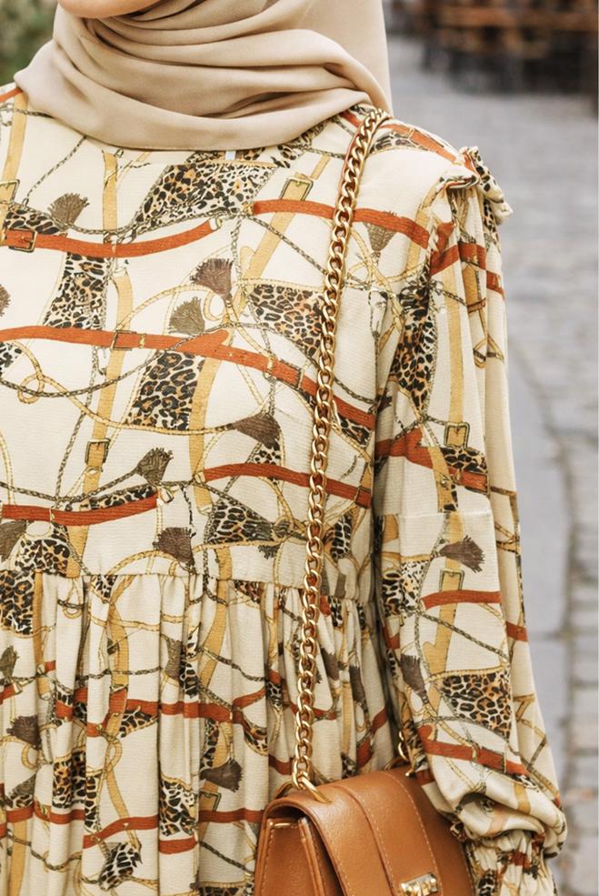 Hijab clothing BEIGE BELTED AND PATTERNED LONG DRESS 4104  - ALVİNA