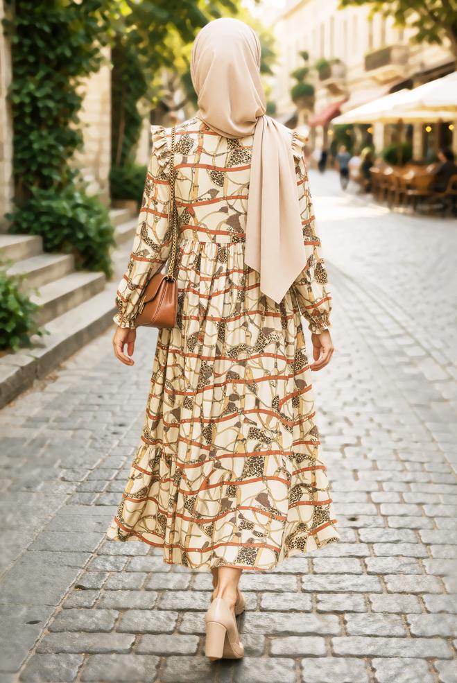 Hijab clothing BEIGE BELTED AND PATTERNED LONG DRESS 4104  - ALVİNA