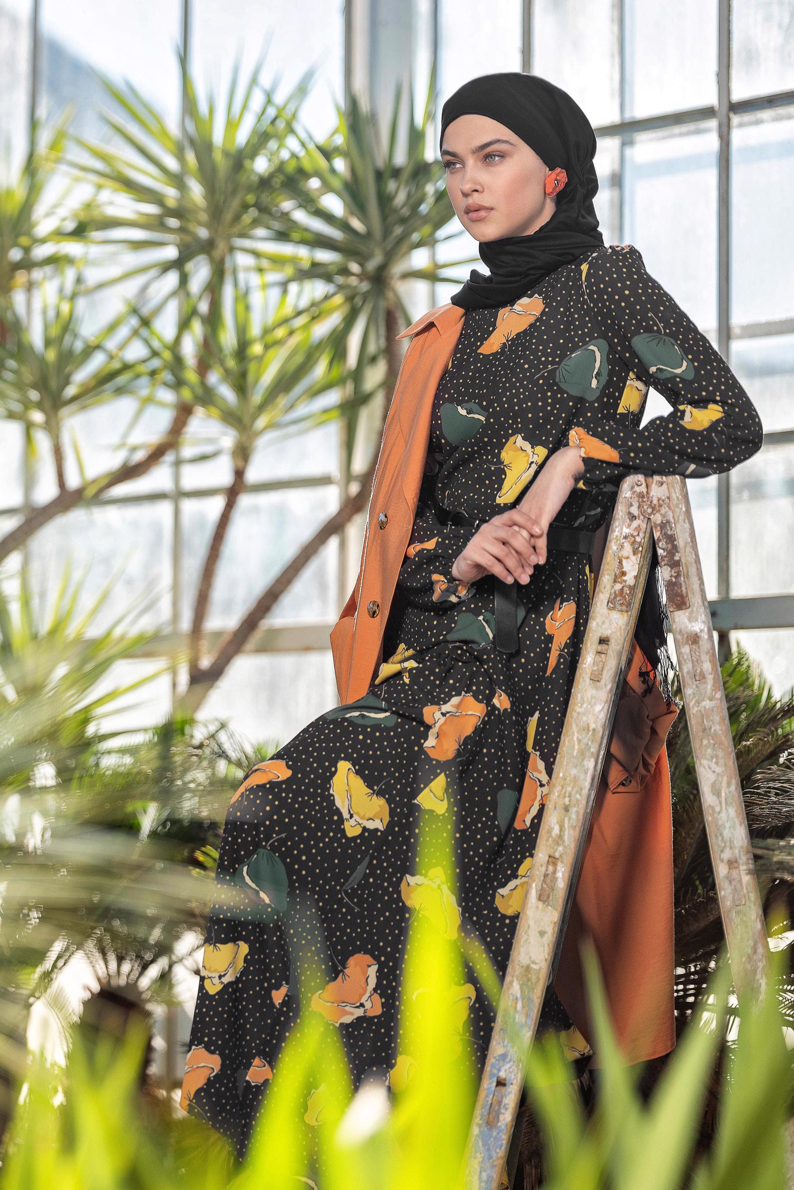 Hijab clothing BLACK Patterned Belted Dress 4106 