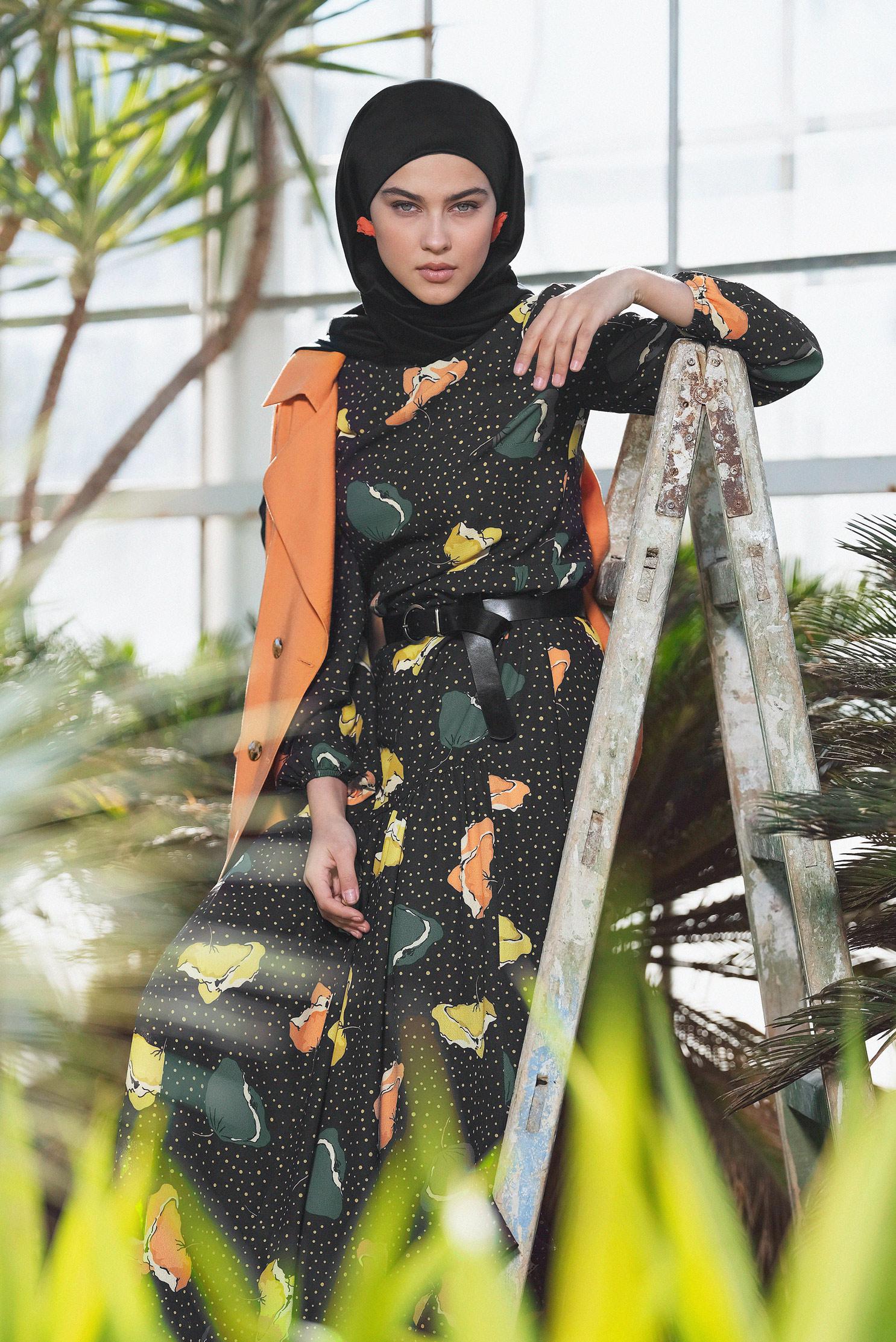 Hijab clothing BLACK Patterned Belted Dress 4106 